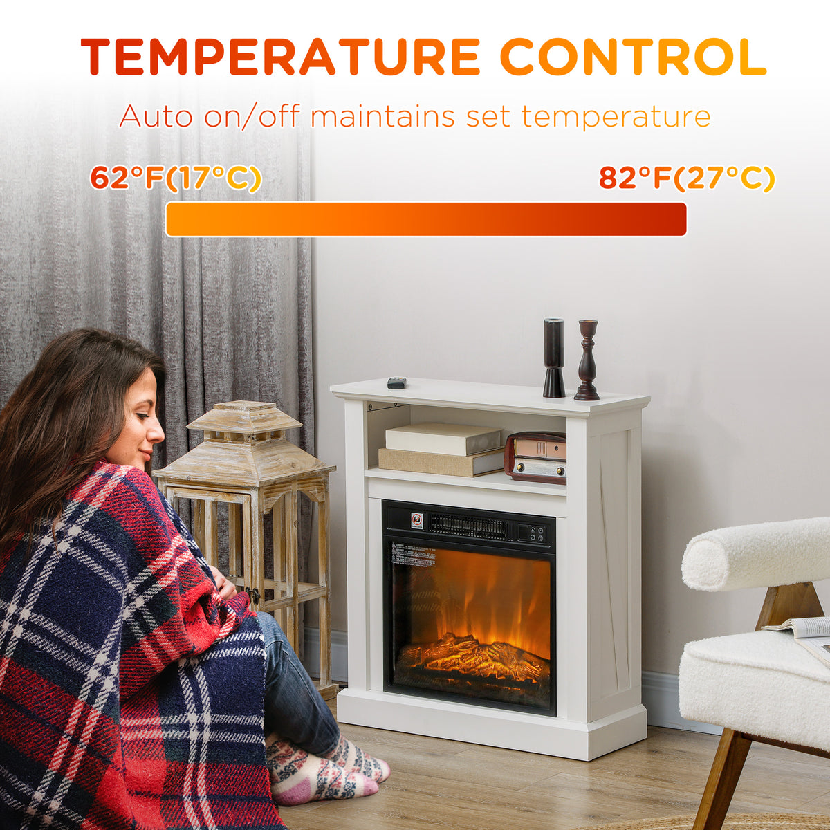 27" Freestanding Electric Fireplace with Mantel - White-Electric Fireplaces-DECOROLALA