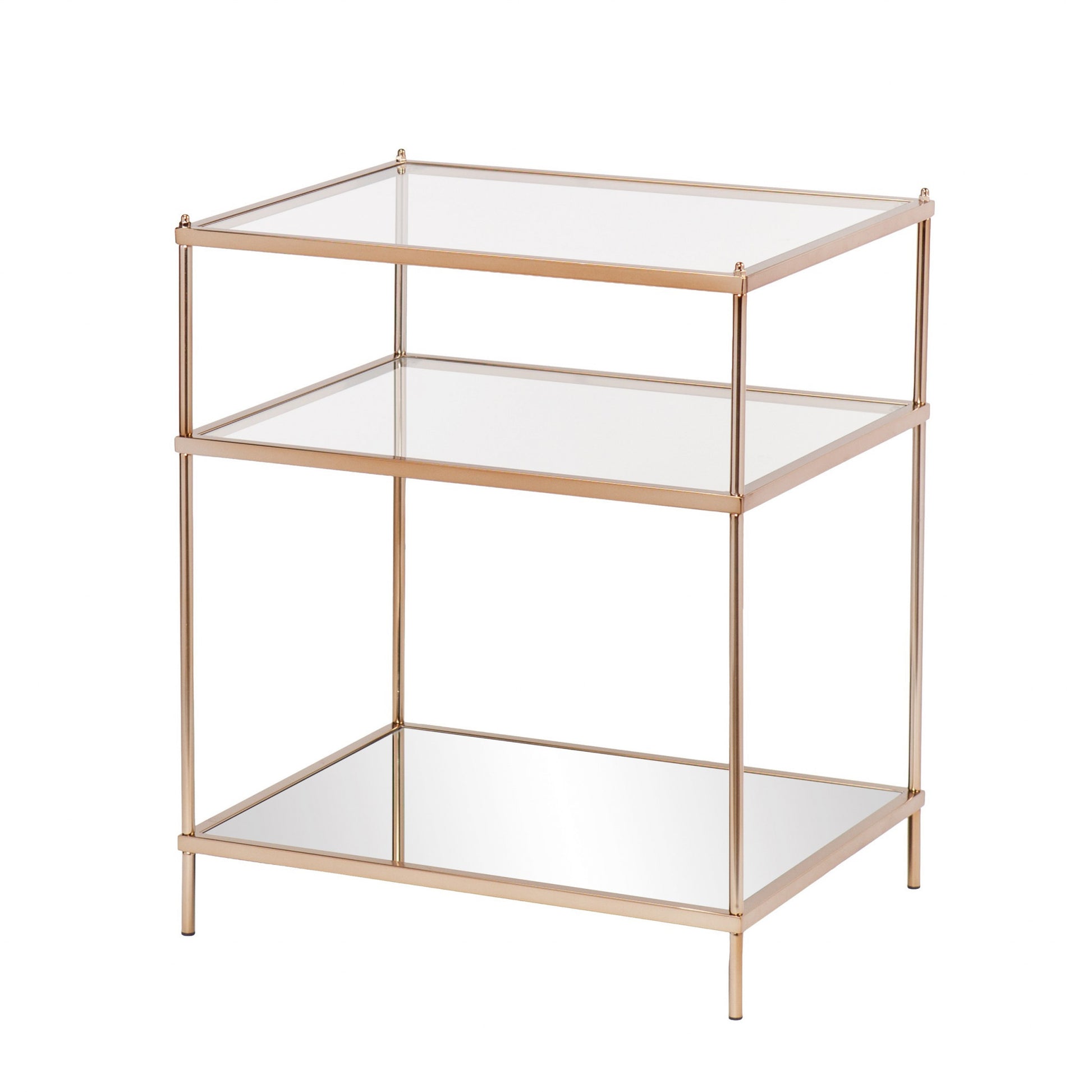 27" Gold And Clear Glass And Iron End Table With Mirrored Shelf-End-Side Tables-DECOROLALA