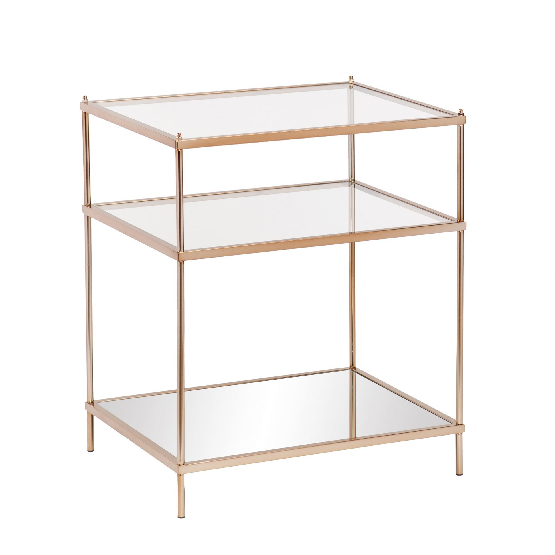 27" Gold And Clear Glass And Iron End Table With Mirrored Shelf-End-Side Tables-DECOROLALA