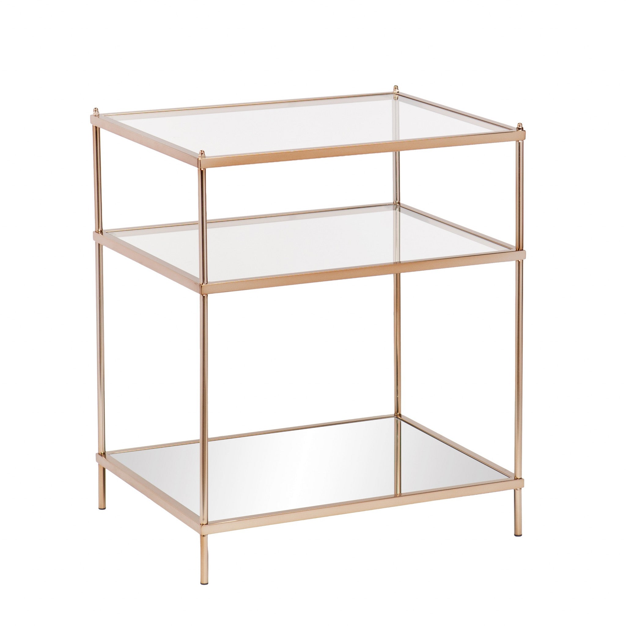 27" Gold And Clear Glass And Iron End Table With Mirrored Shelf-End-Side Tables-DECOROLALA