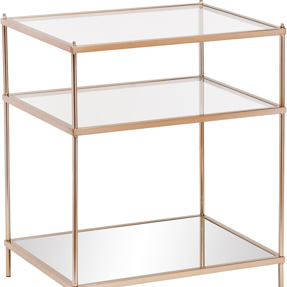 27" Gold And Clear Glass And Iron End Table With Mirrored Shelf-End-Side Tables-DECOROLALA