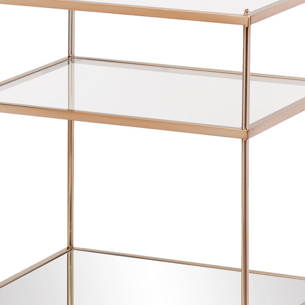 27" Gold And Clear Glass And Iron End Table With Mirrored Shelf-End-Side Tables-DECOROLALA