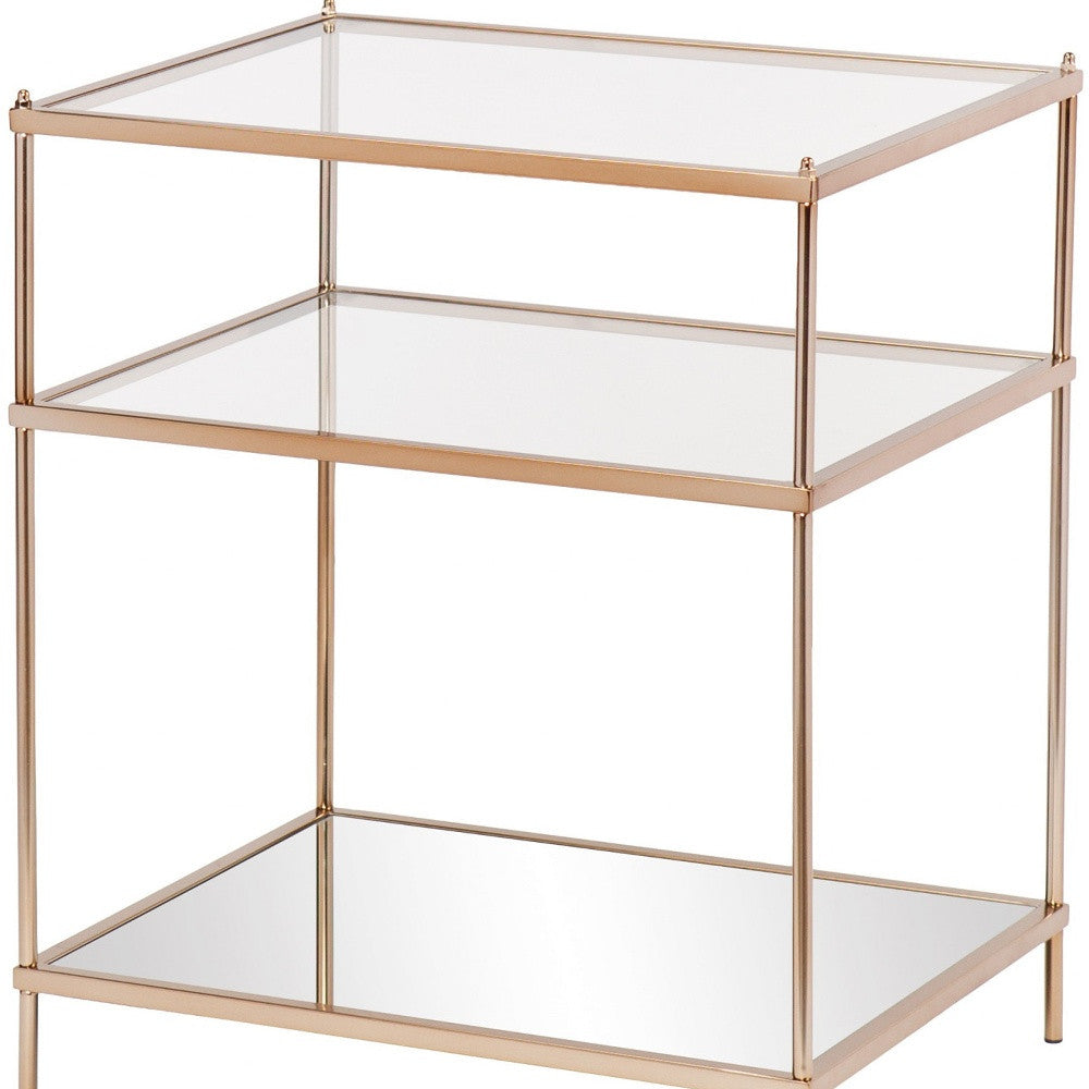 27" Gold And Clear Glass And Iron End Table With Mirrored Shelf-End-Side Tables-DECOROLALA