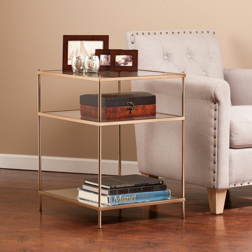 27" Gold And Clear Glass And Iron End Table With Mirrored Shelf-End-Side Tables-DECOROLALA