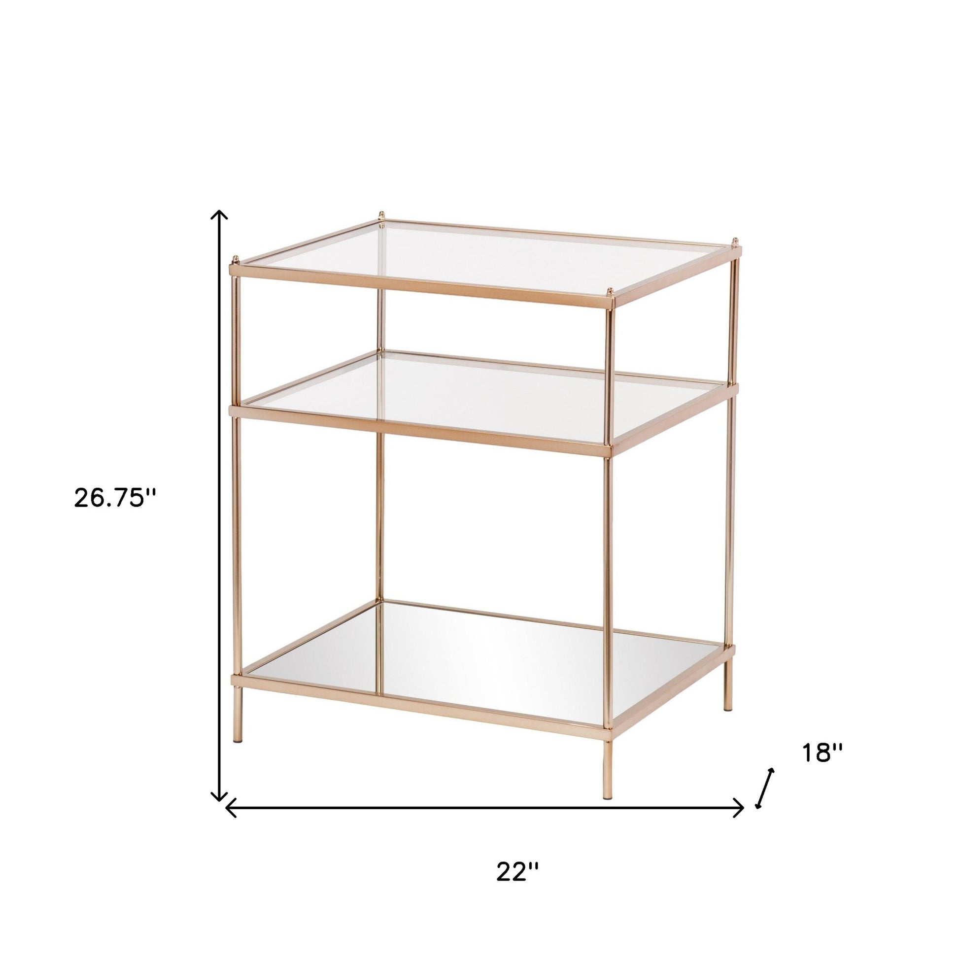 27" Gold And Clear Glass And Iron End Table With Mirrored Shelf-End-Side Tables-DECOROLALA