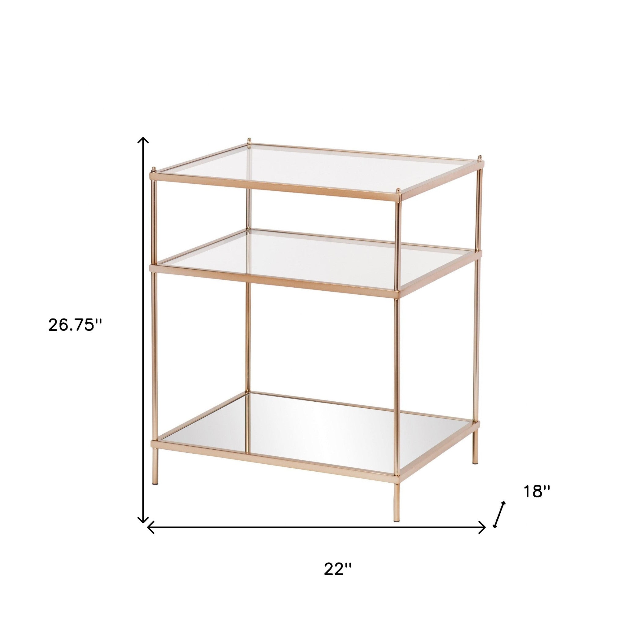 27" Gold And Clear Glass And Iron End Table With Mirrored Shelf-End-Side Tables-DECOROLALA