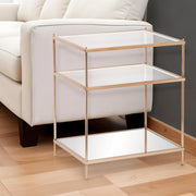 27" Gold And Clear Glass And Iron End Table With Mirrored Shelf-End-Side Tables-DECOROLALA