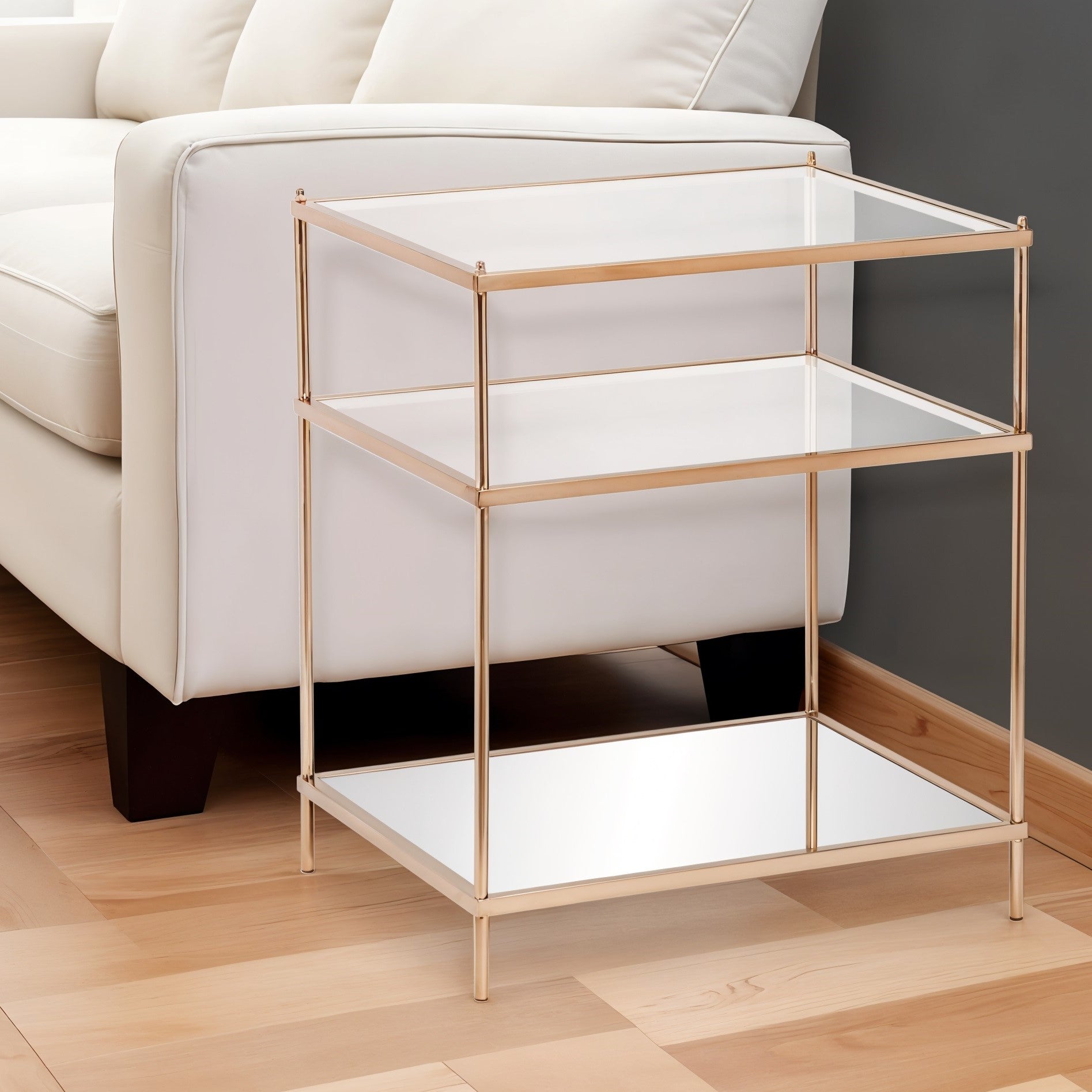 27" Gold And Clear Glass And Iron End Table With Mirrored Shelf-End-Side Tables-DECOROLALA