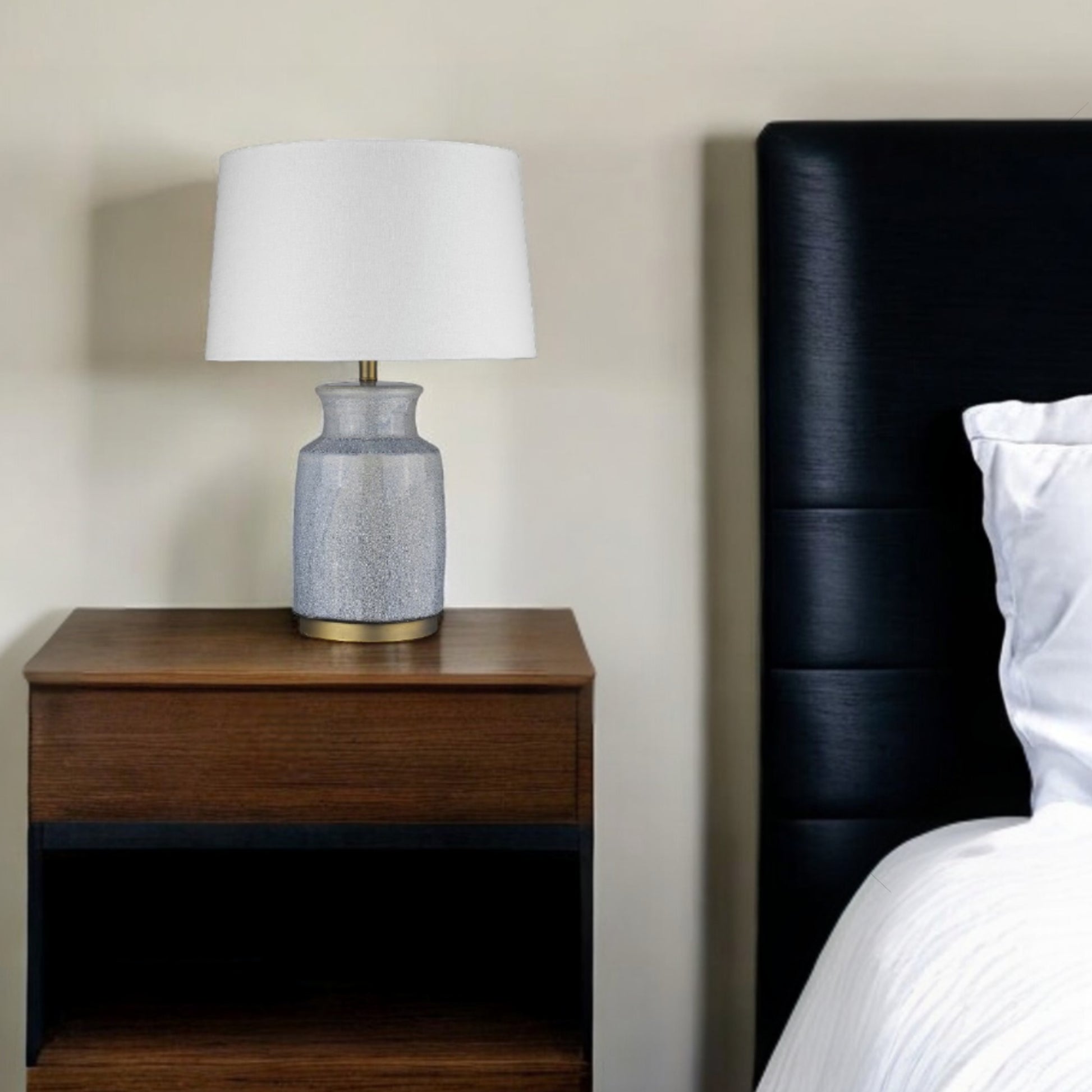 27" Gray Ceramic Table Lamp With White Empire Shade-Table Lamps-DECOROLALA