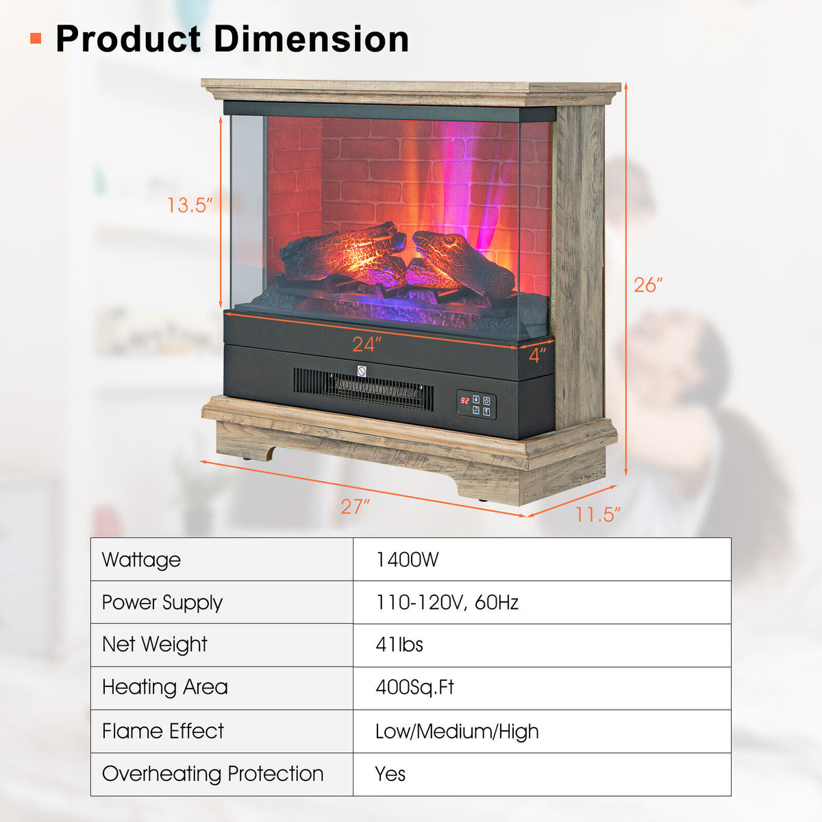 27 Inch Freestanding Electric Fireplace with 3-Level Vivid Flame Thermostat-Natural-Fireplaces-DECOROLALA