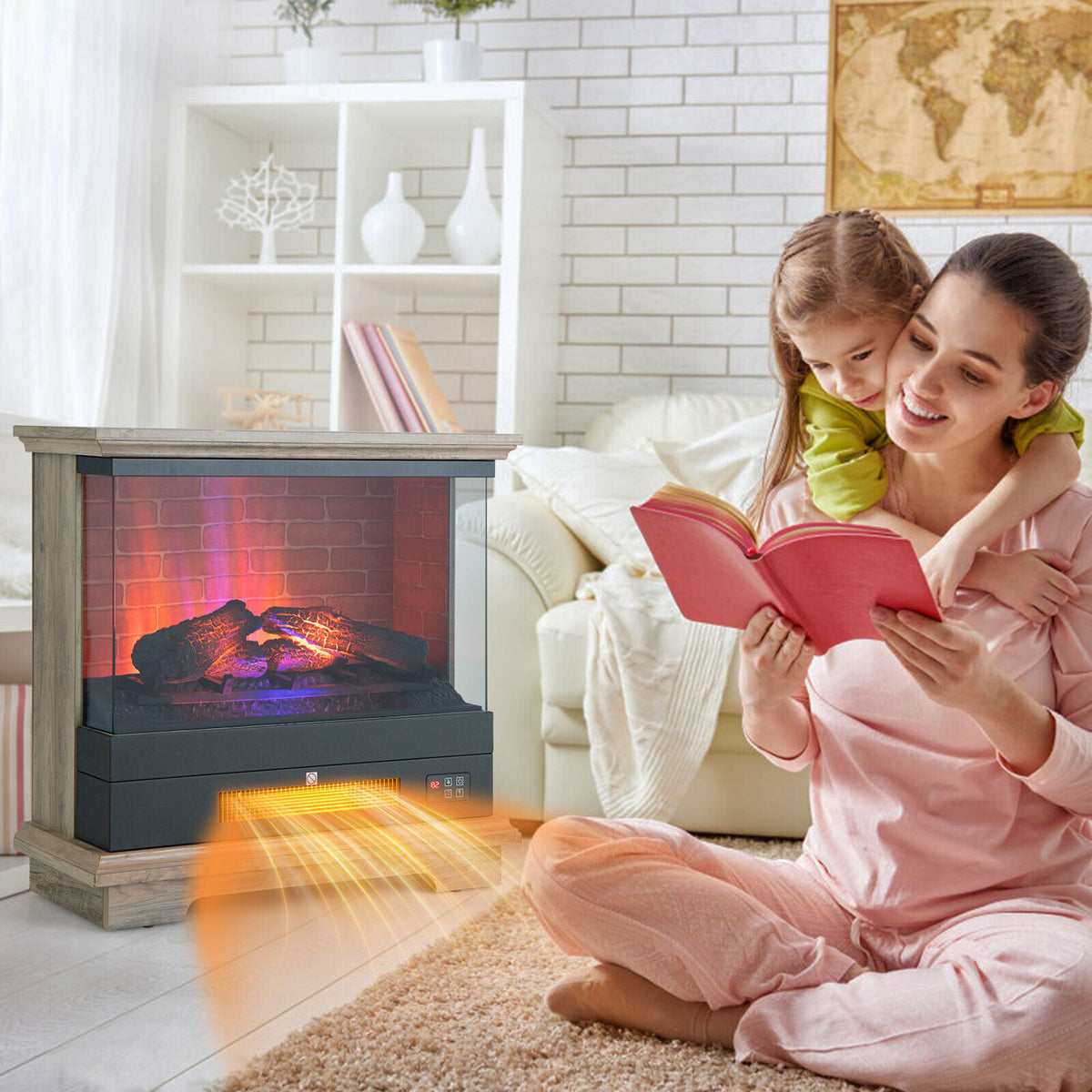 27 Inch Freestanding Electric Fireplace with 3-Level Vivid Flame Thermostat-Natural-Fireplaces-DECOROLALA