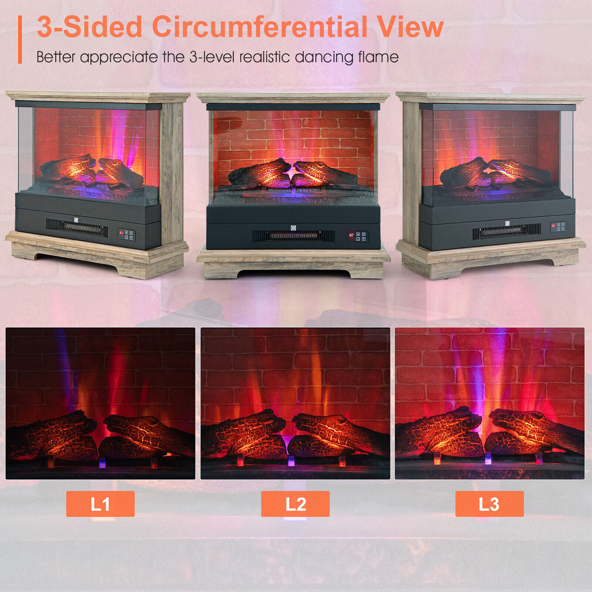 27 Inch Freestanding Electric Fireplace with 3-Level Vivid Flame Thermostat-Natural-Fireplaces-DECOROLALA