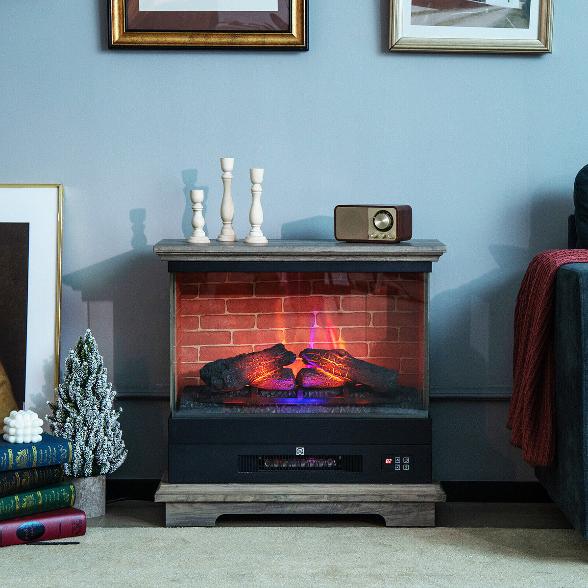 27 Inch Freestanding Electric Fireplace with 3-Level Vivid Flame Thermostat-Natural-Fireplaces-DECOROLALA