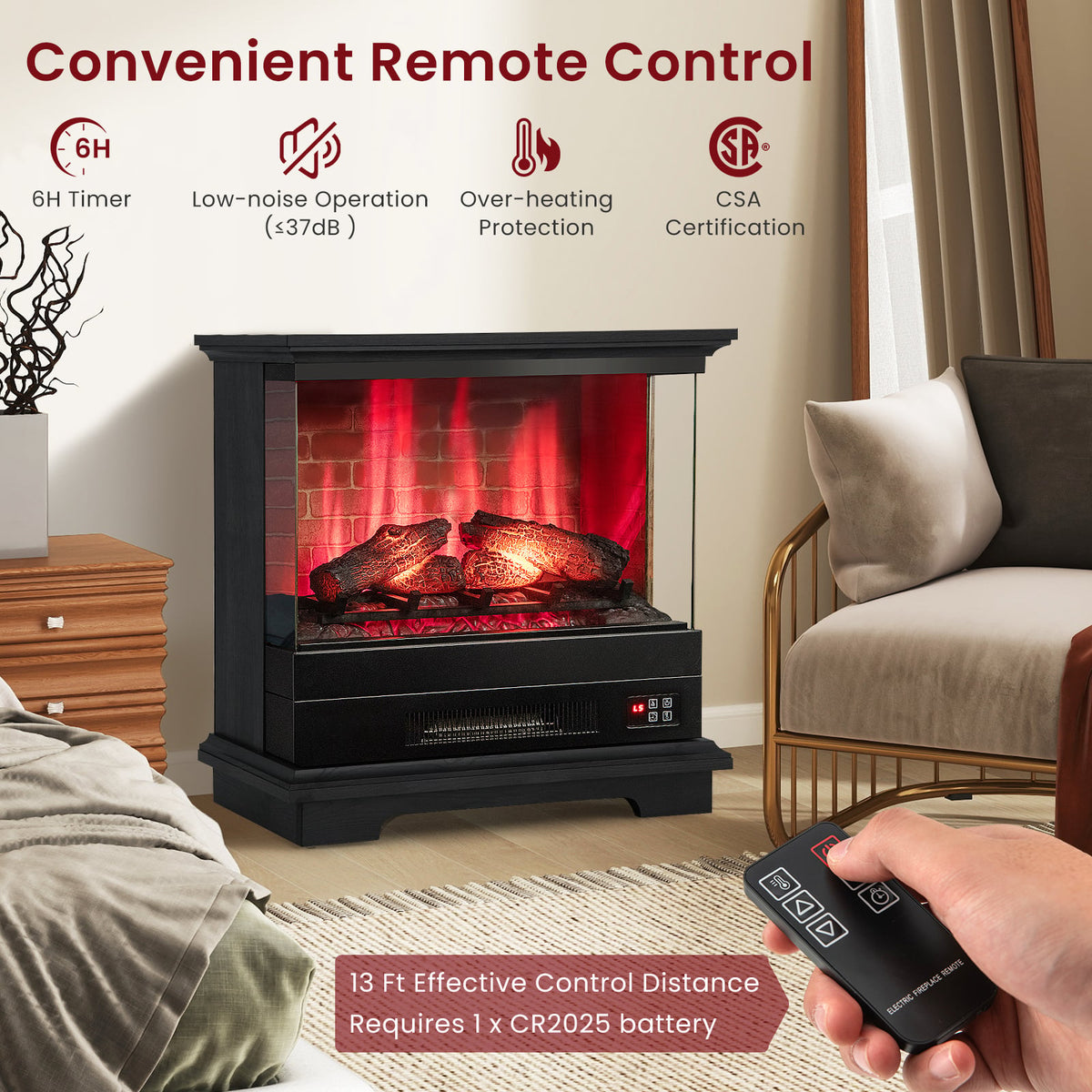 27 Inch Freestanding Fireplace with Remote Control-Black-Fireplaces-DECOROLALA