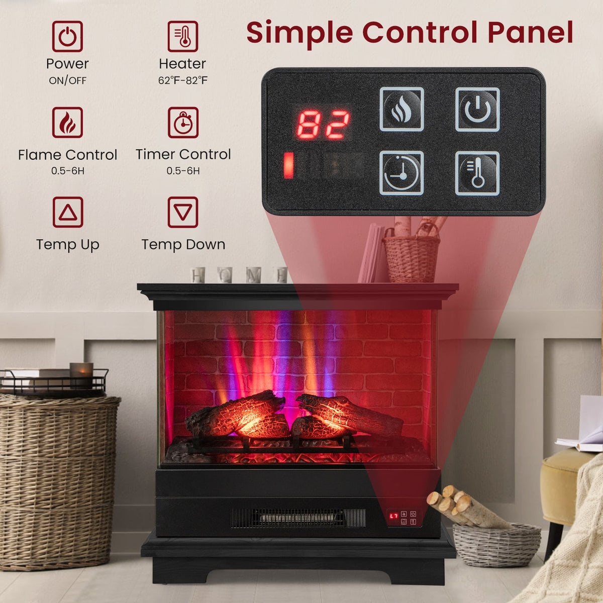 27 Inch Freestanding Fireplace with Remote Control-Black-Fireplaces-DECOROLALA