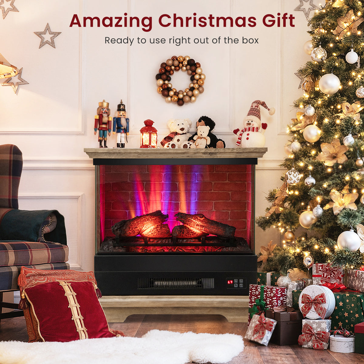 27 Inch Freestanding Fireplace with Remote Control-Brown-Fireplaces-DECOROLALA