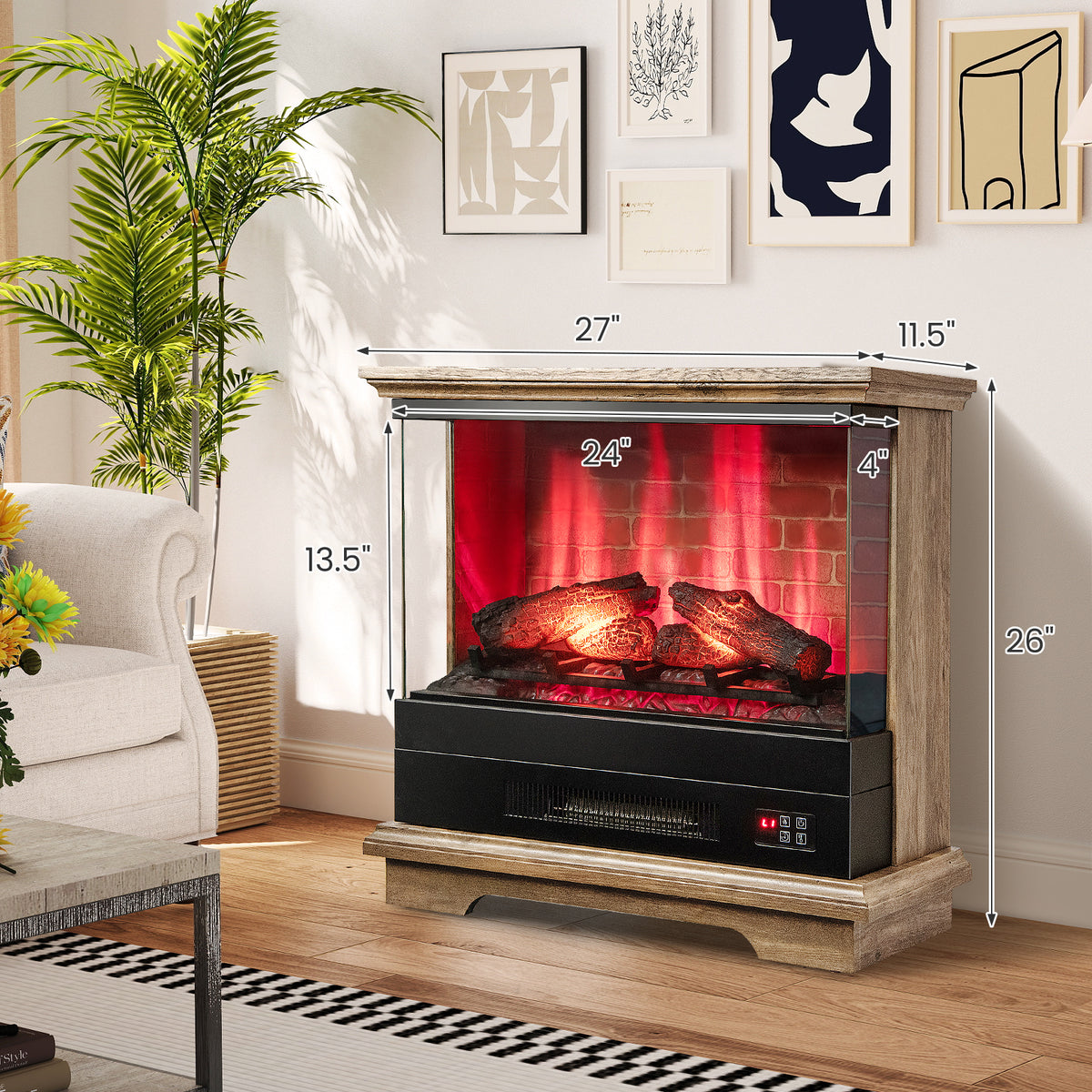 27 Inch Freestanding Fireplace with Remote Control-Brown-Fireplaces-DECOROLALA