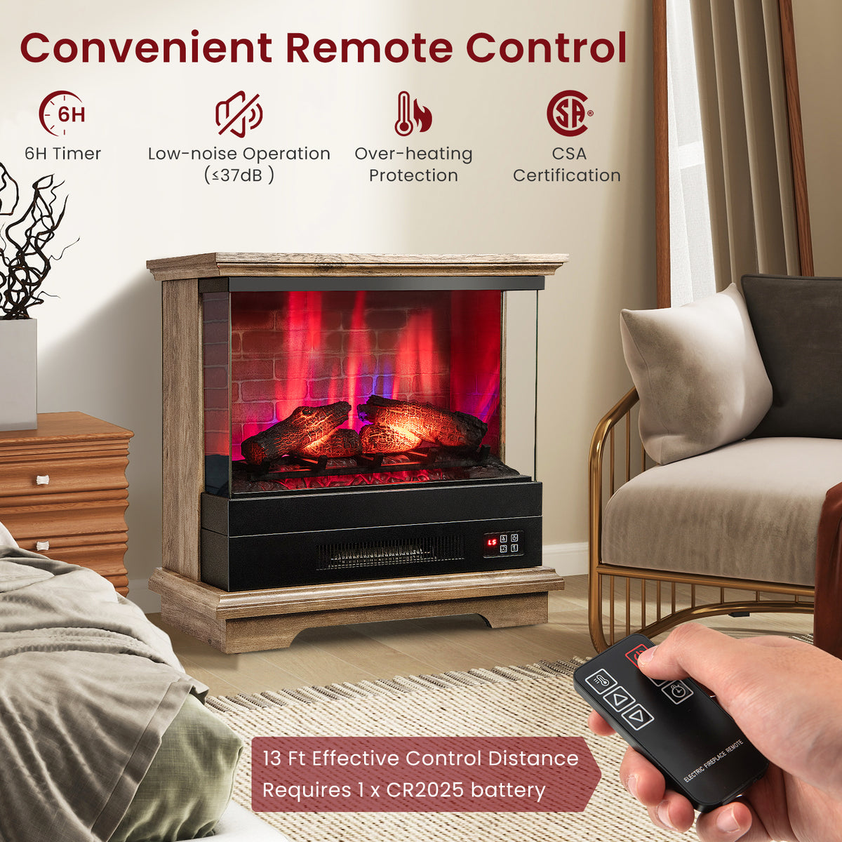 27 Inch Freestanding Fireplace with Remote Control-Brown-Fireplaces-DECOROLALA
