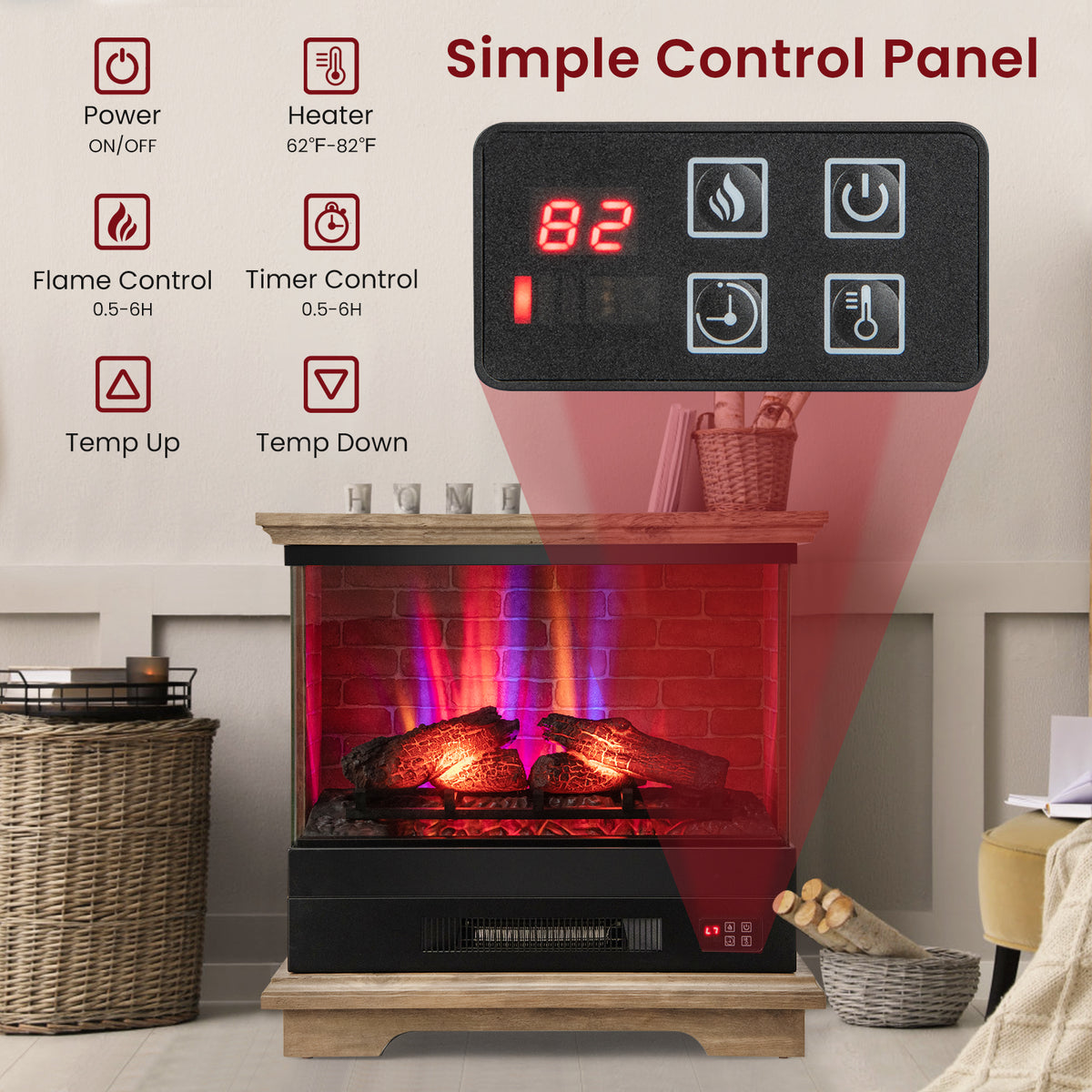 27 Inch Freestanding Fireplace with Remote Control-Brown-Fireplaces-DECOROLALA