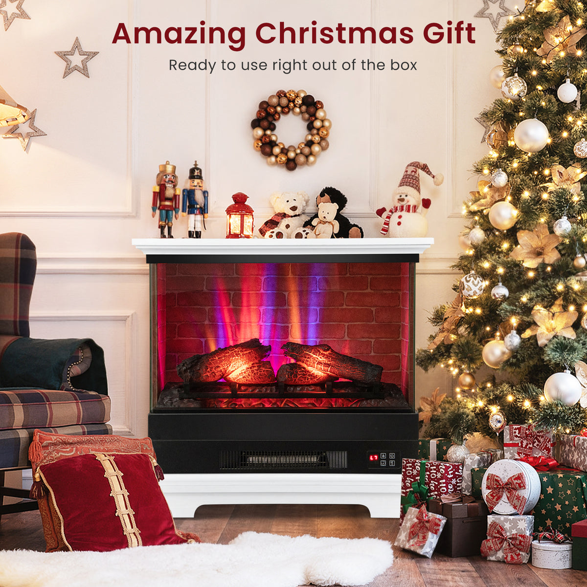27 Inch Freestanding Fireplace with Remote Control-White-Fireplaces-DECOROLALA