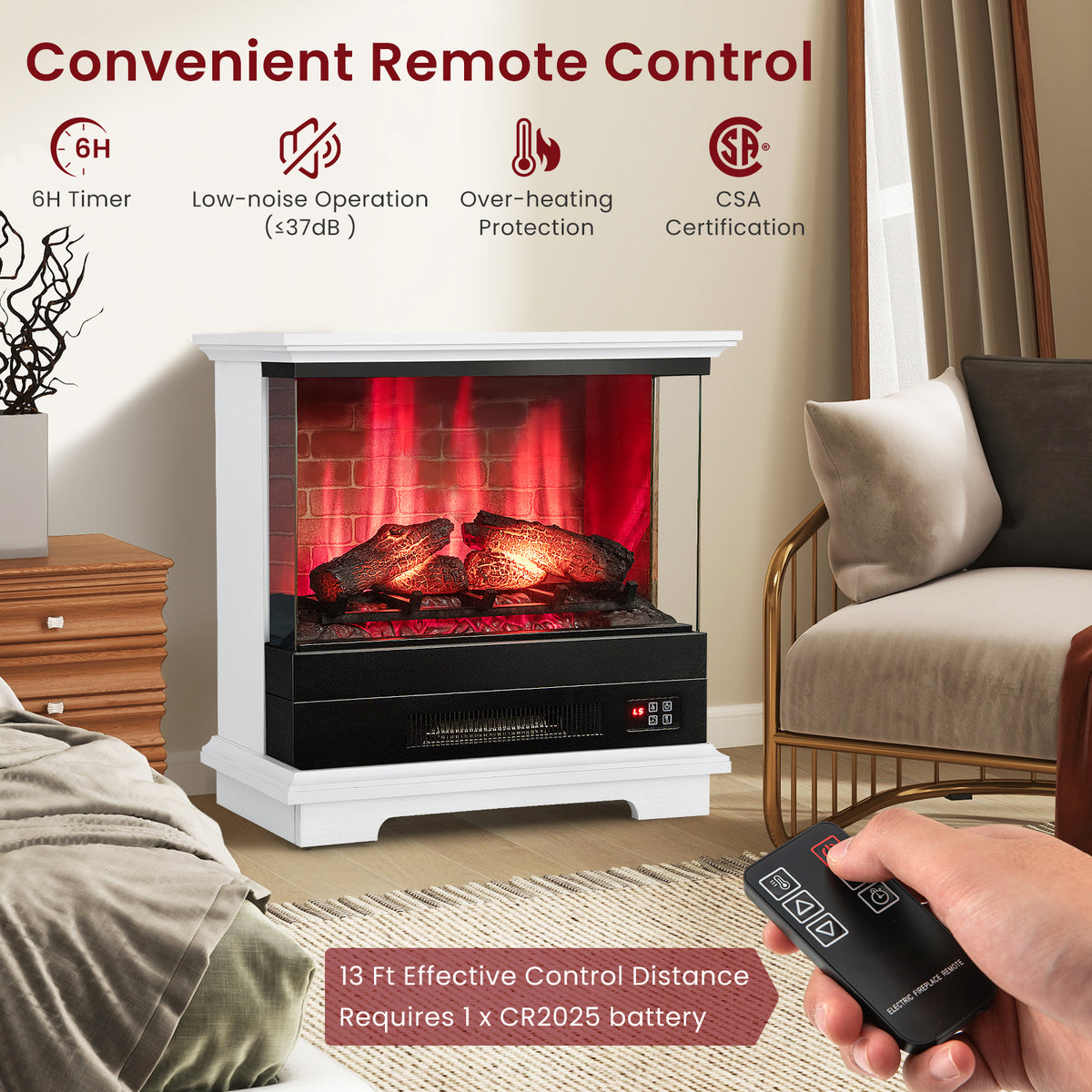 27 Inch Freestanding Fireplace with Remote Control-White-Fireplaces-DECOROLALA