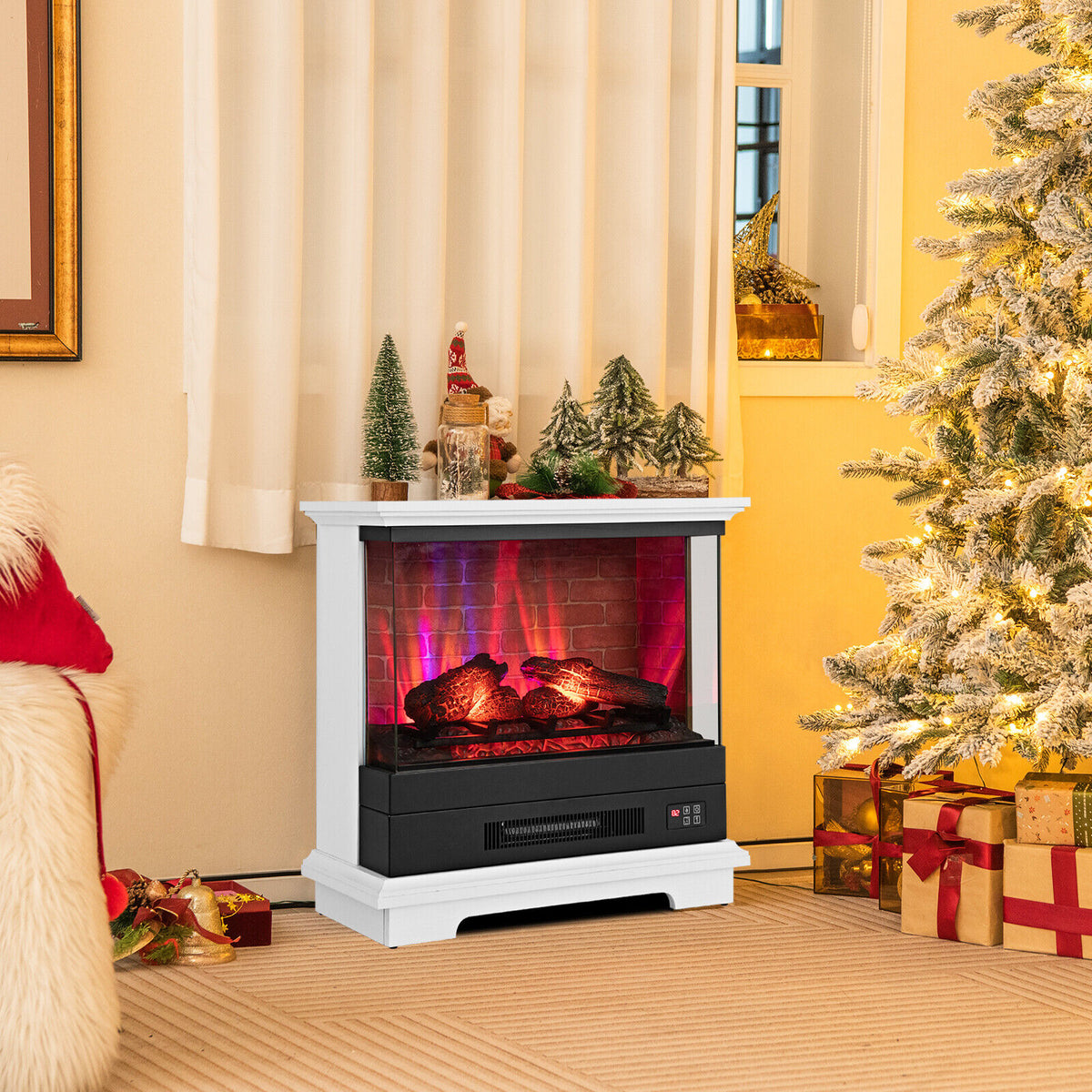 27 Inch Freestanding Fireplace with Remote Control-White-Fireplaces-DECOROLALA