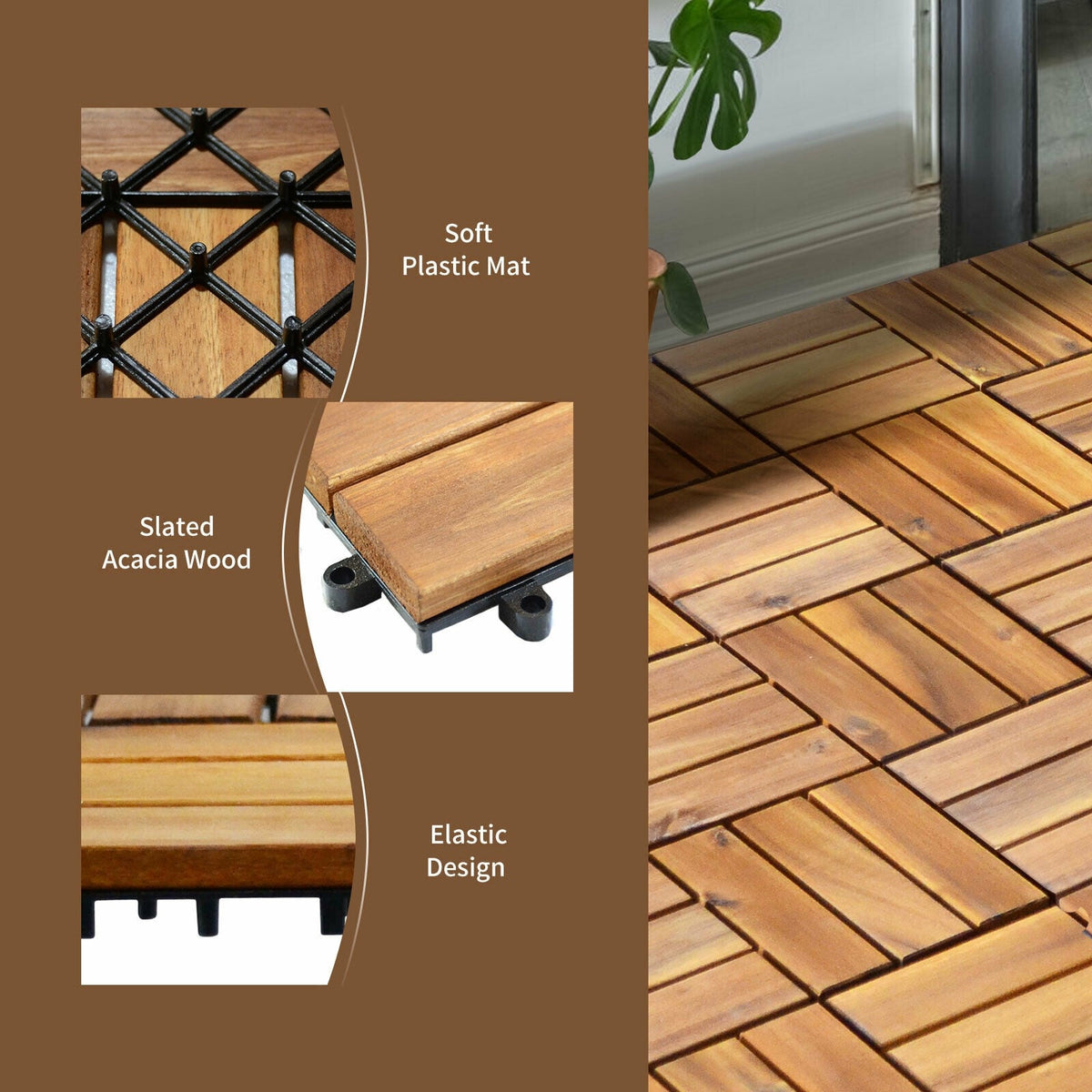 27 Pieces Acacia Wood Interlocking Patio Deck Tile-Outdoor Deck Tiles-DECOROLALA