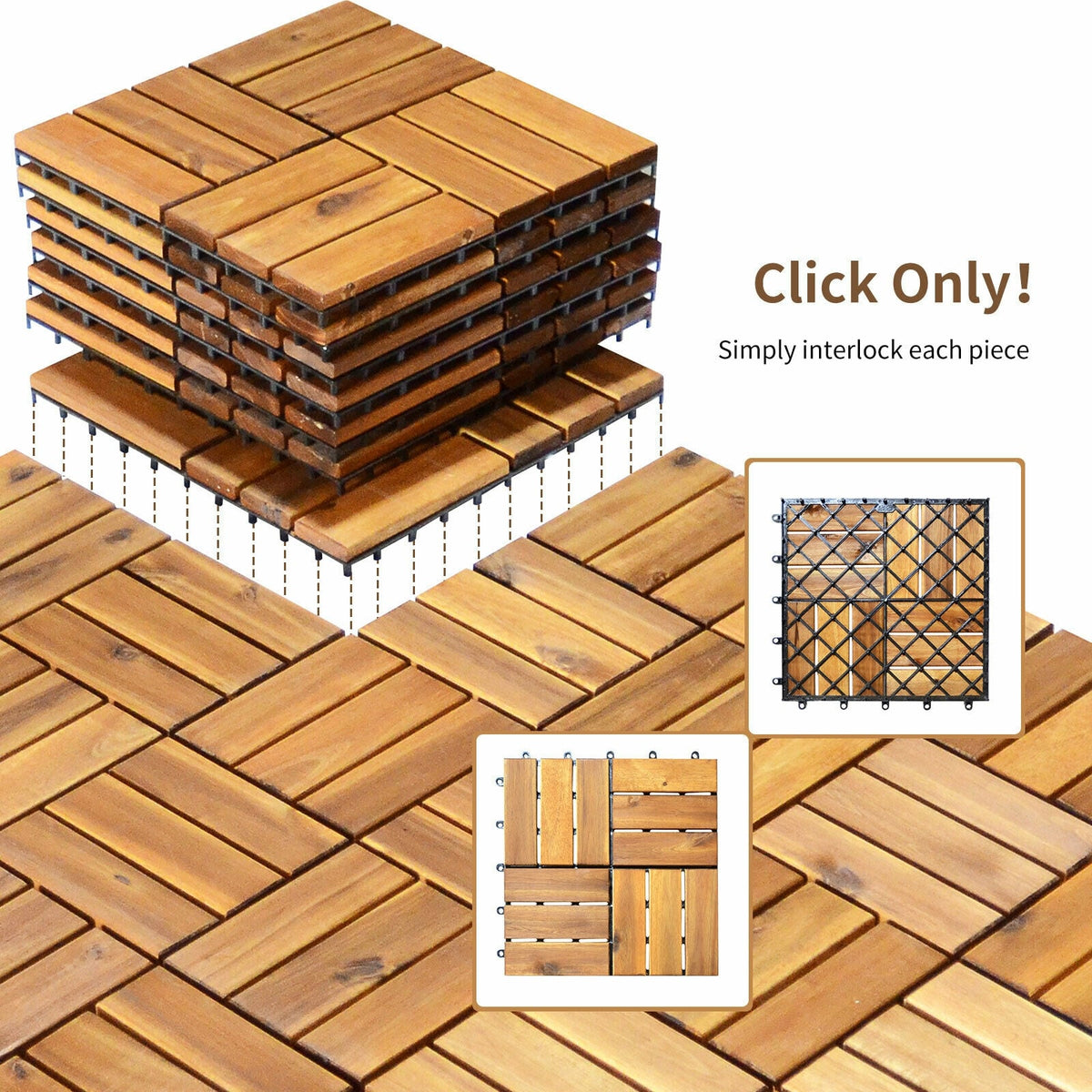 27 Pieces Acacia Wood Interlocking Patio Deck Tile-Outdoor Deck Tiles-DECOROLALA