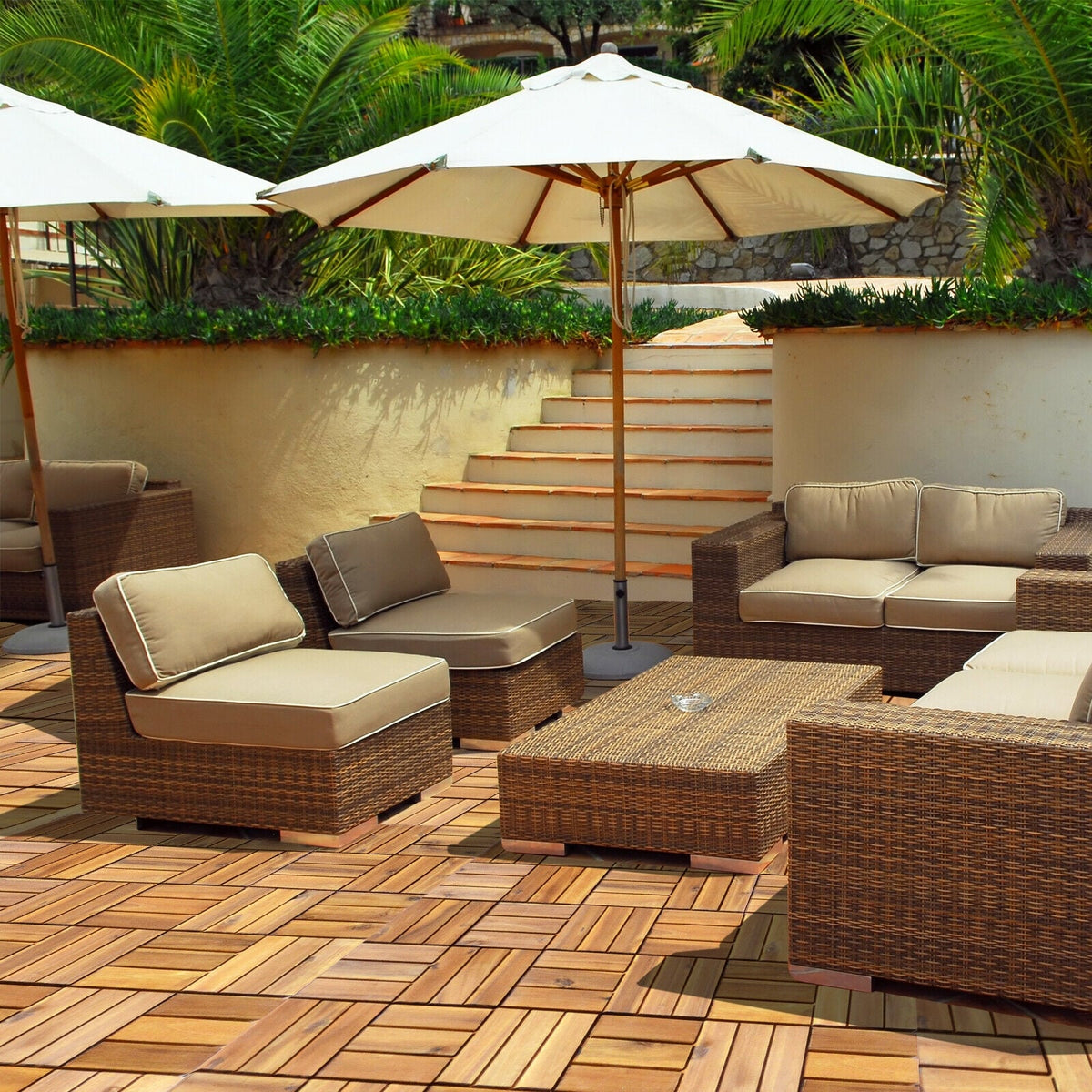 27 Pieces Acacia Wood Interlocking Patio Deck Tile-Outdoor Deck Tiles-DECOROLALA