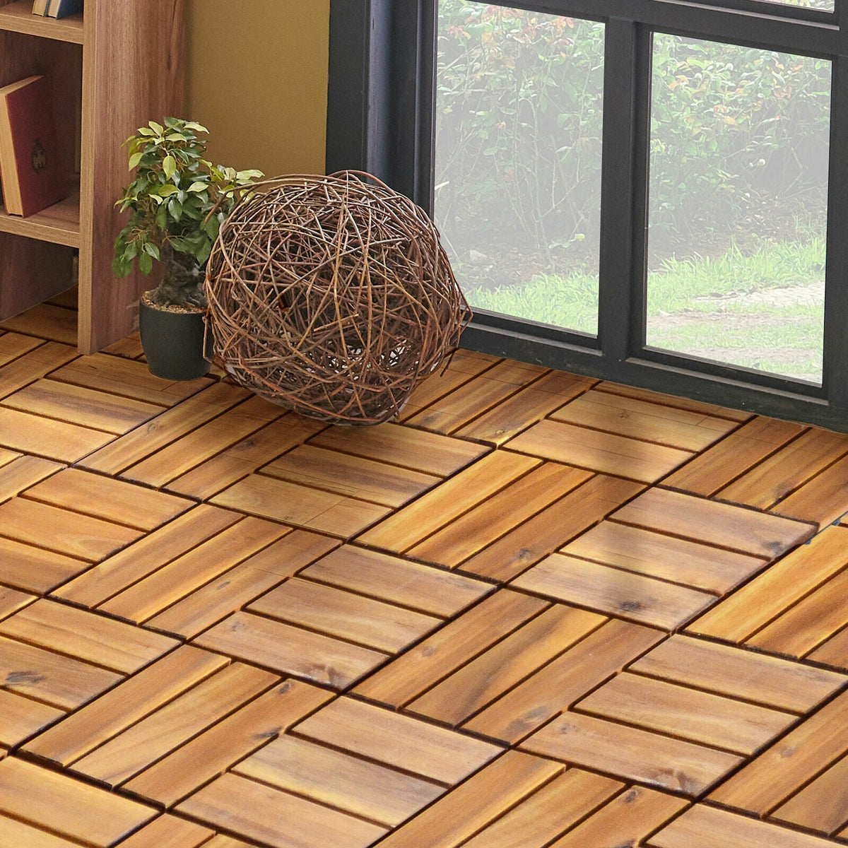 27 Pieces Acacia Wood Interlocking Patio Deck Tile-Outdoor Deck Tiles-DECOROLALA