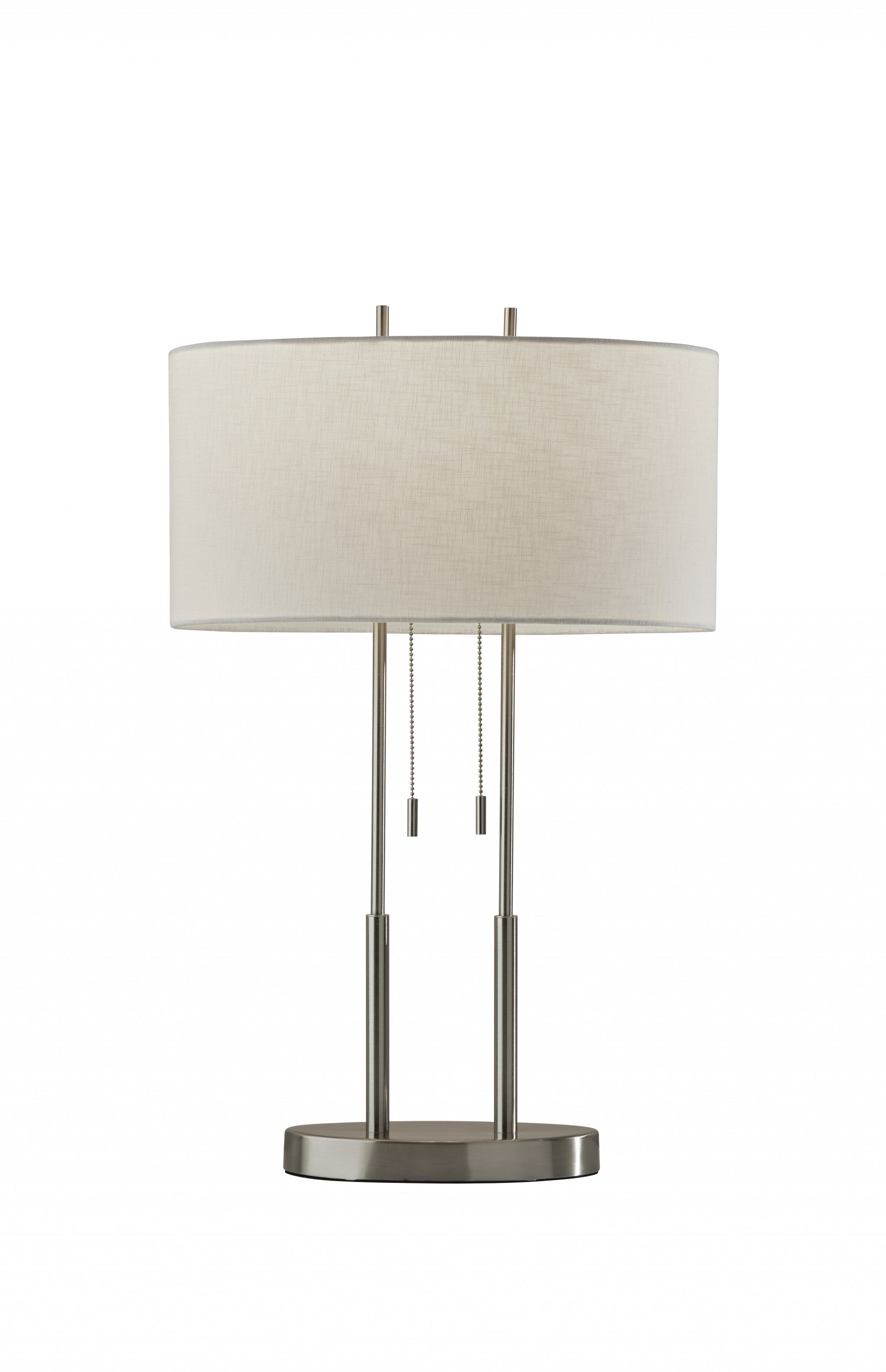 27" Silver Metal Two Light Bedside Lamp With Off White Drum Shade-Table Lamps-DECOROLALA