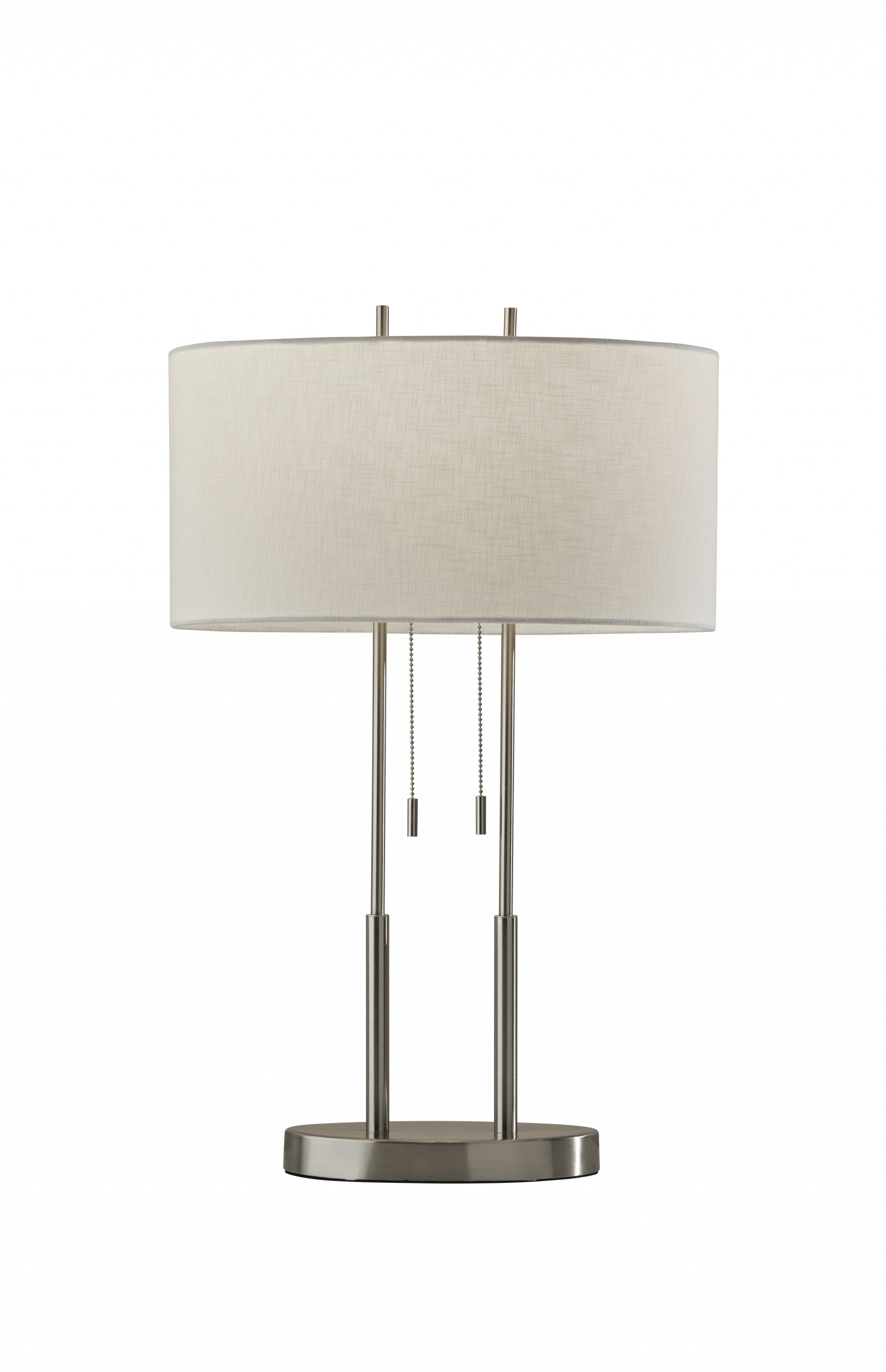 27" Silver Metal Two Light Bedside Lamp With Off White Drum Shade-Table Lamps-DECOROLALA