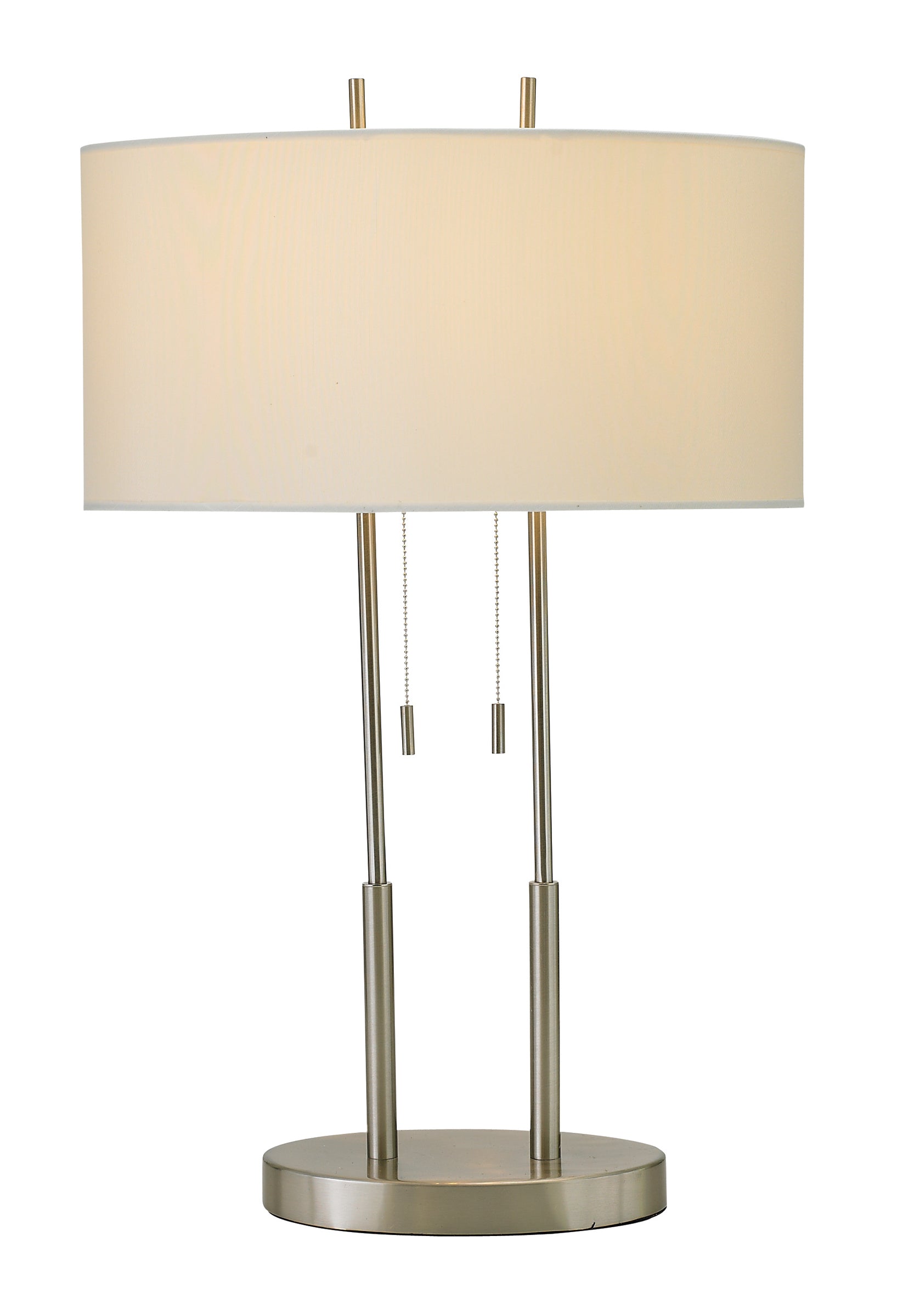 27" Silver Metal Two Light Bedside Lamp With Off White Drum Shade-Table Lamps-DECOROLALA