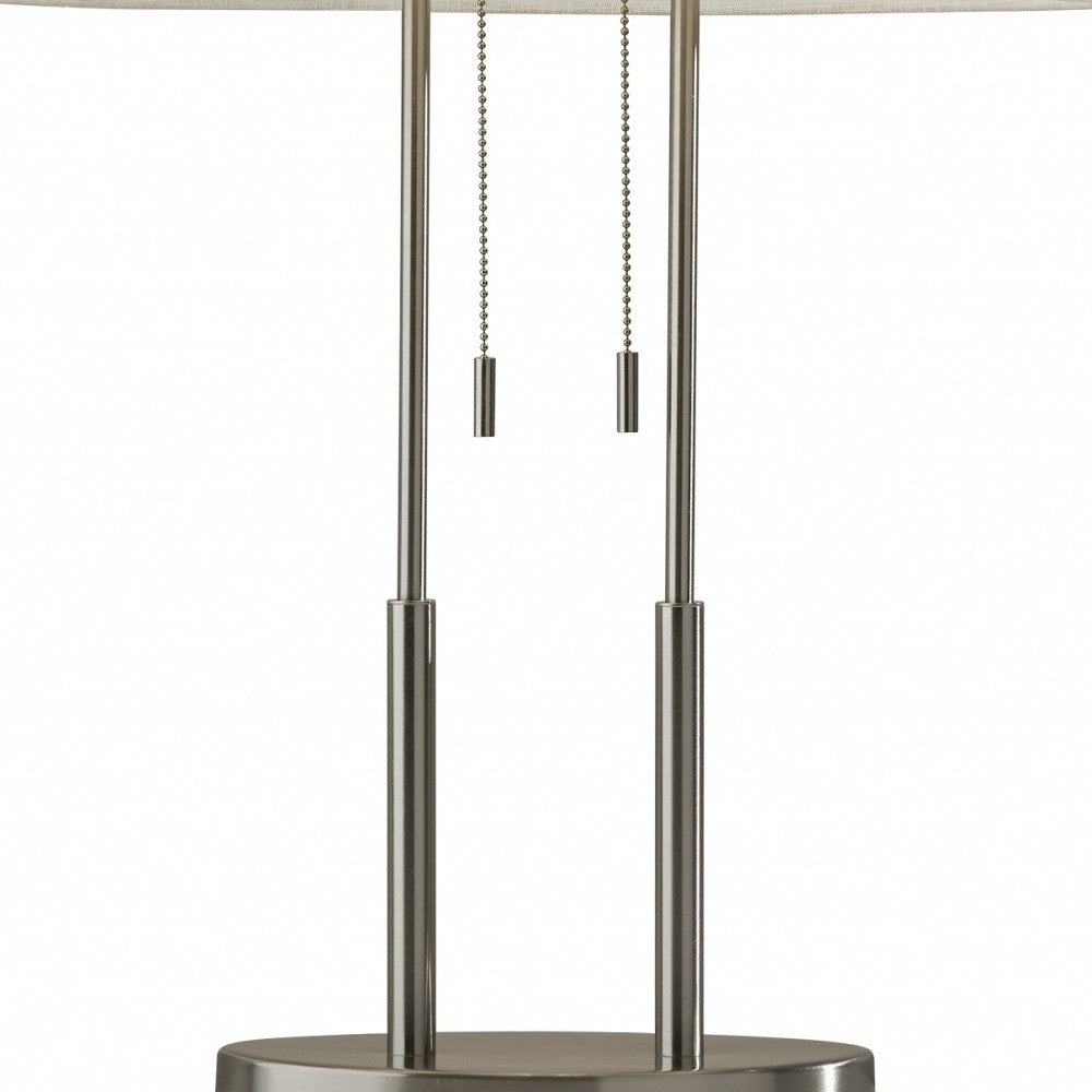 27" Silver Metal Two Light Bedside Lamp With Off White Drum Shade-Table Lamps-DECOROLALA