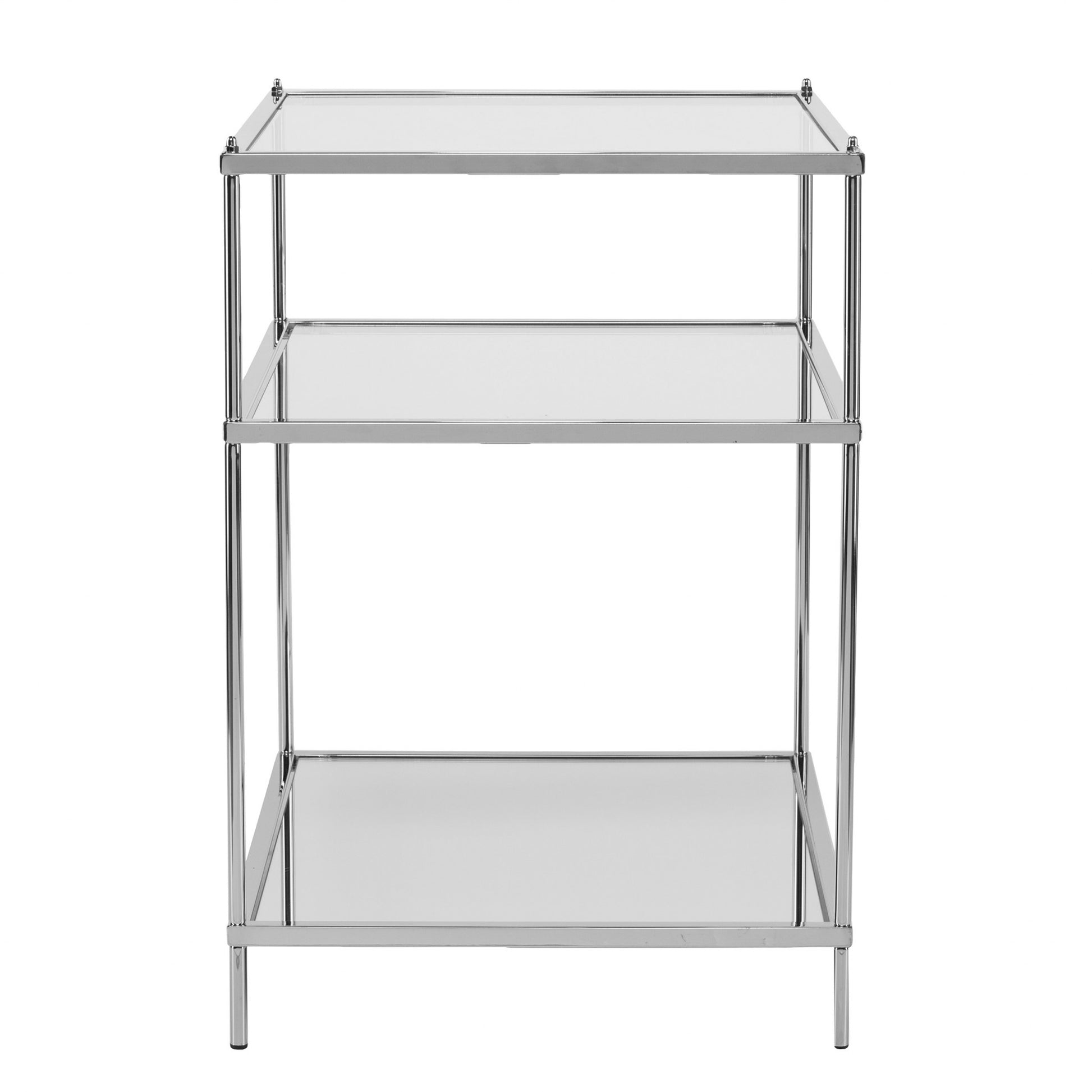 27" Silver Mirrored Glass And Iron End Table With Shelf-End-Side Tables-DECOROLALA