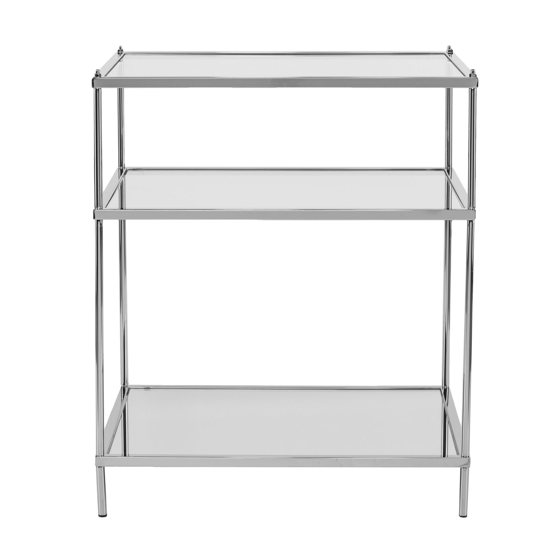 27" Silver Mirrored Glass And Iron End Table With Shelf-End-Side Tables-DECOROLALA