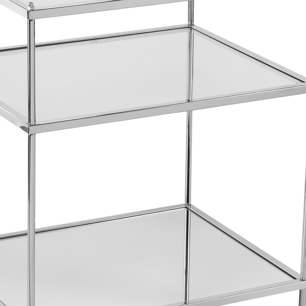 27" Silver Mirrored Glass And Iron End Table With Shelf-End-Side Tables-DECOROLALA