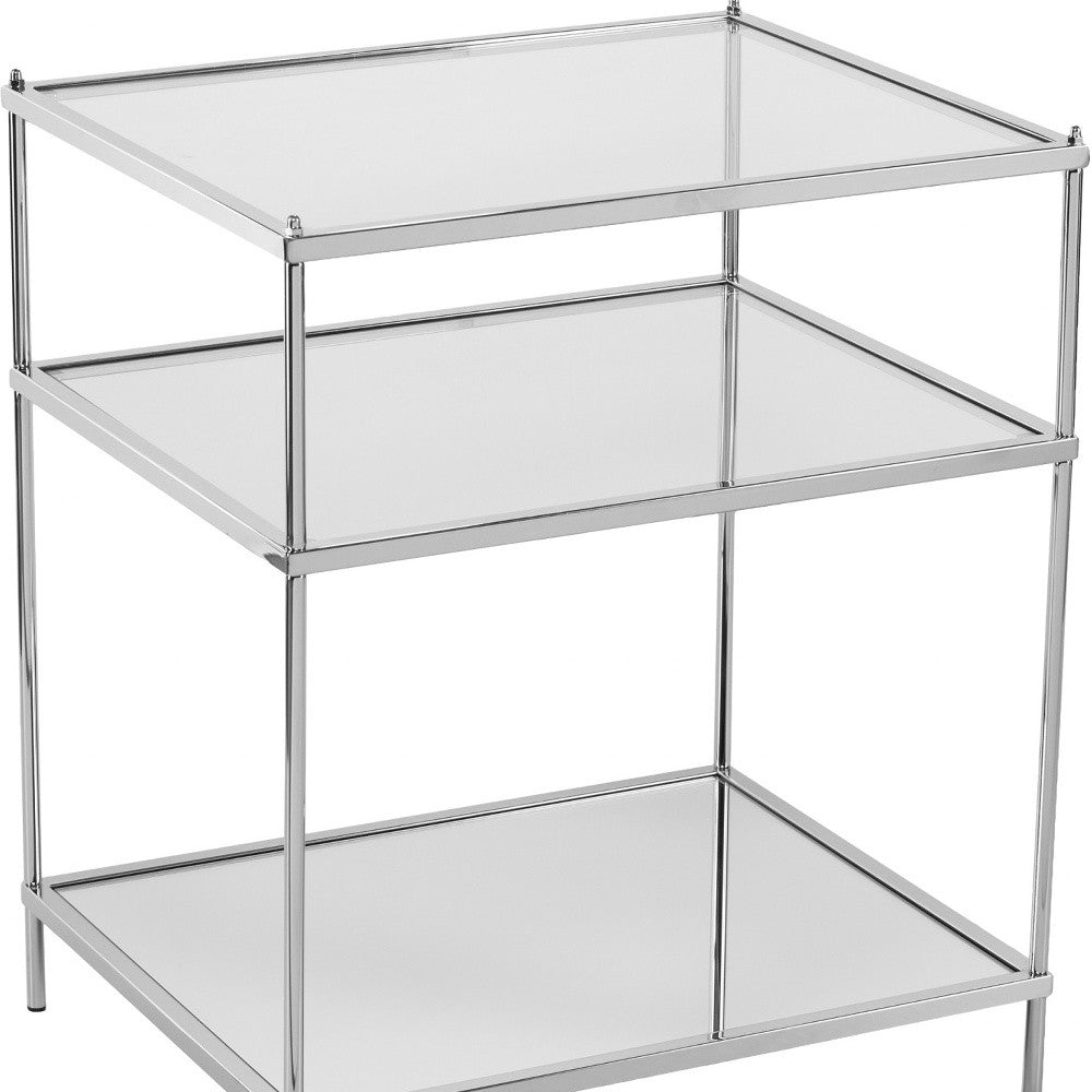 27" Silver Mirrored Glass And Iron End Table With Shelf-End-Side Tables-DECOROLALA