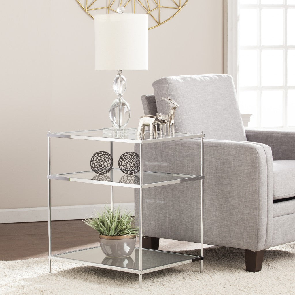 27" Silver Mirrored Glass And Iron End Table With Shelf-End-Side Tables-DECOROLALA