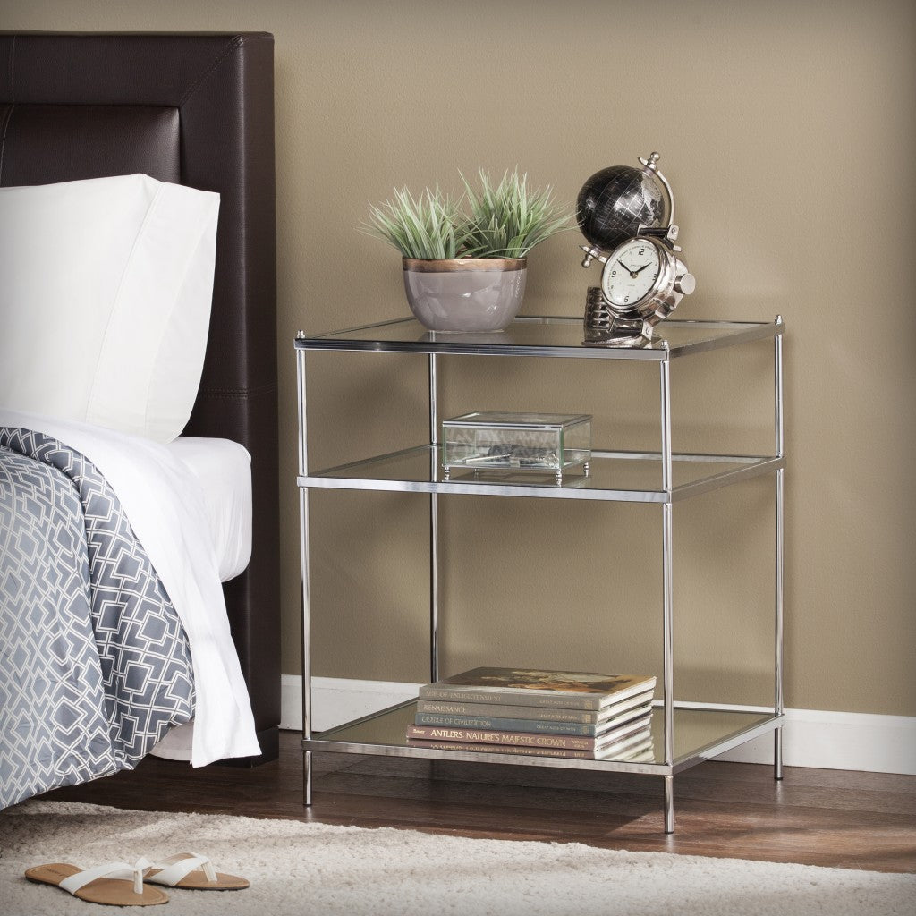 27" Silver Mirrored Glass And Iron End Table With Shelf-End-Side Tables-DECOROLALA
