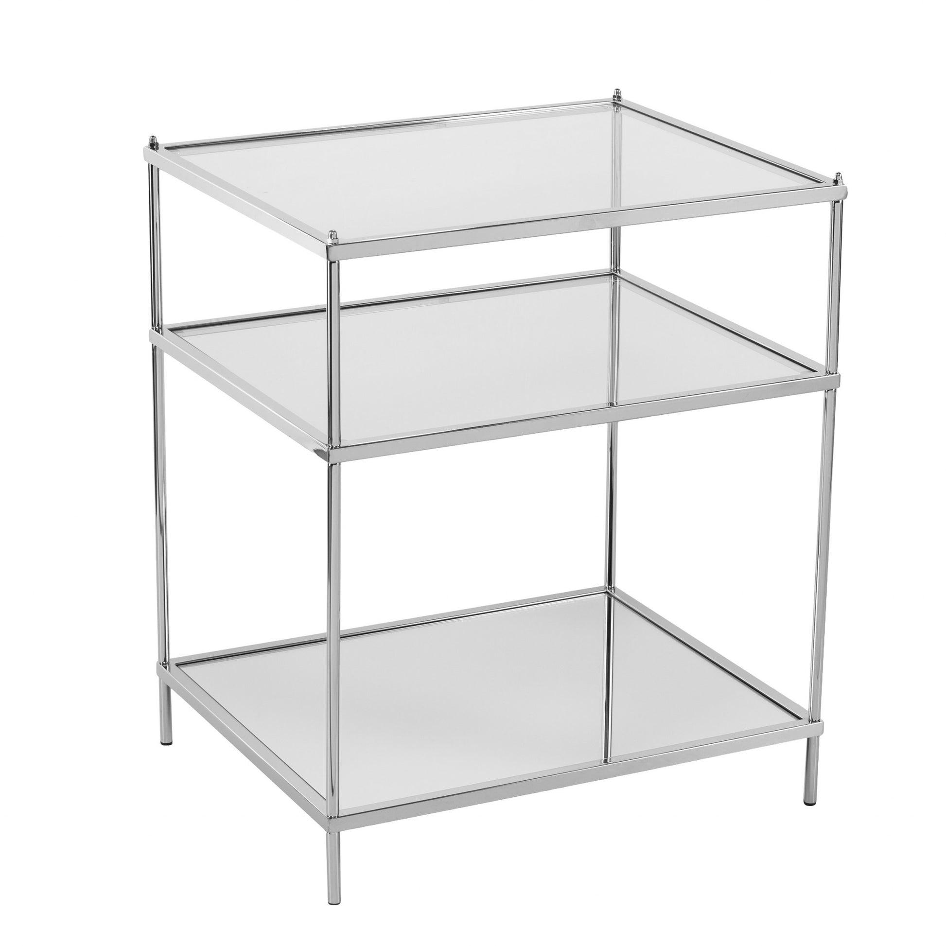 27" Silver Mirrored Glass And Iron End Table With Shelf-End-Side Tables-DECOROLALA