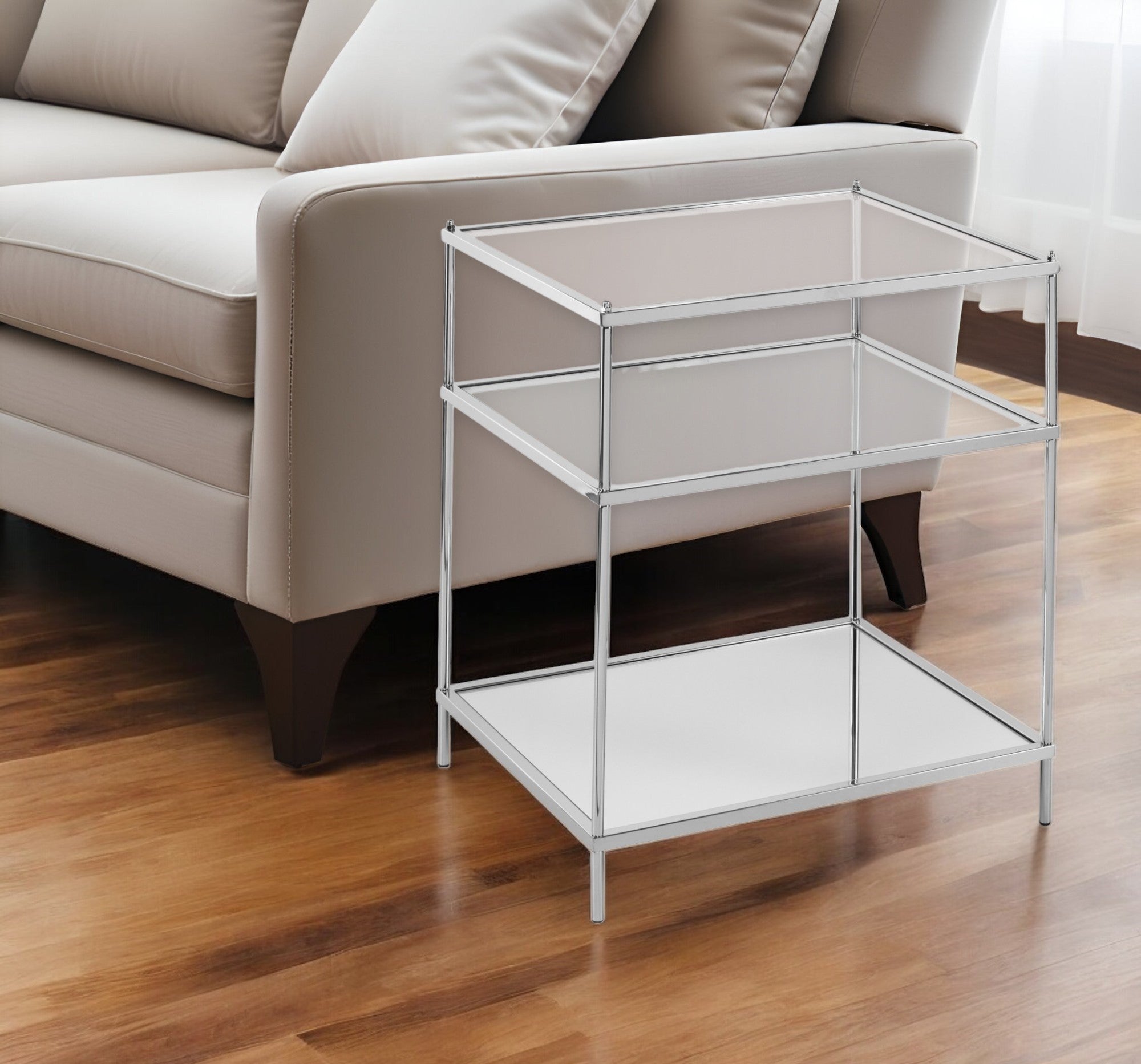 27" Silver Mirrored Glass And Iron End Table With Shelf-End-Side Tables-DECOROLALA