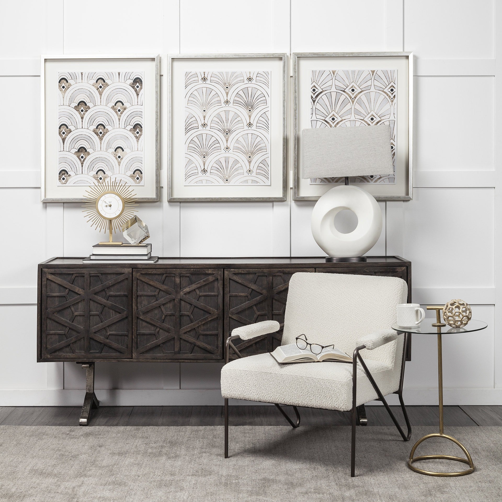 27" White Geometric Table Lamp With Gray Shade-Table Lamps-DECOROLALA