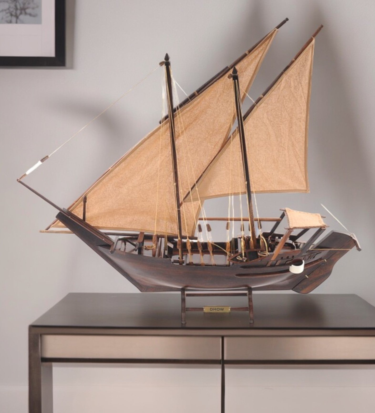 27" Wood Brown Solid Wood Hand Painted Dhow Medium Model Boat-Sculptures-DECOROLALA