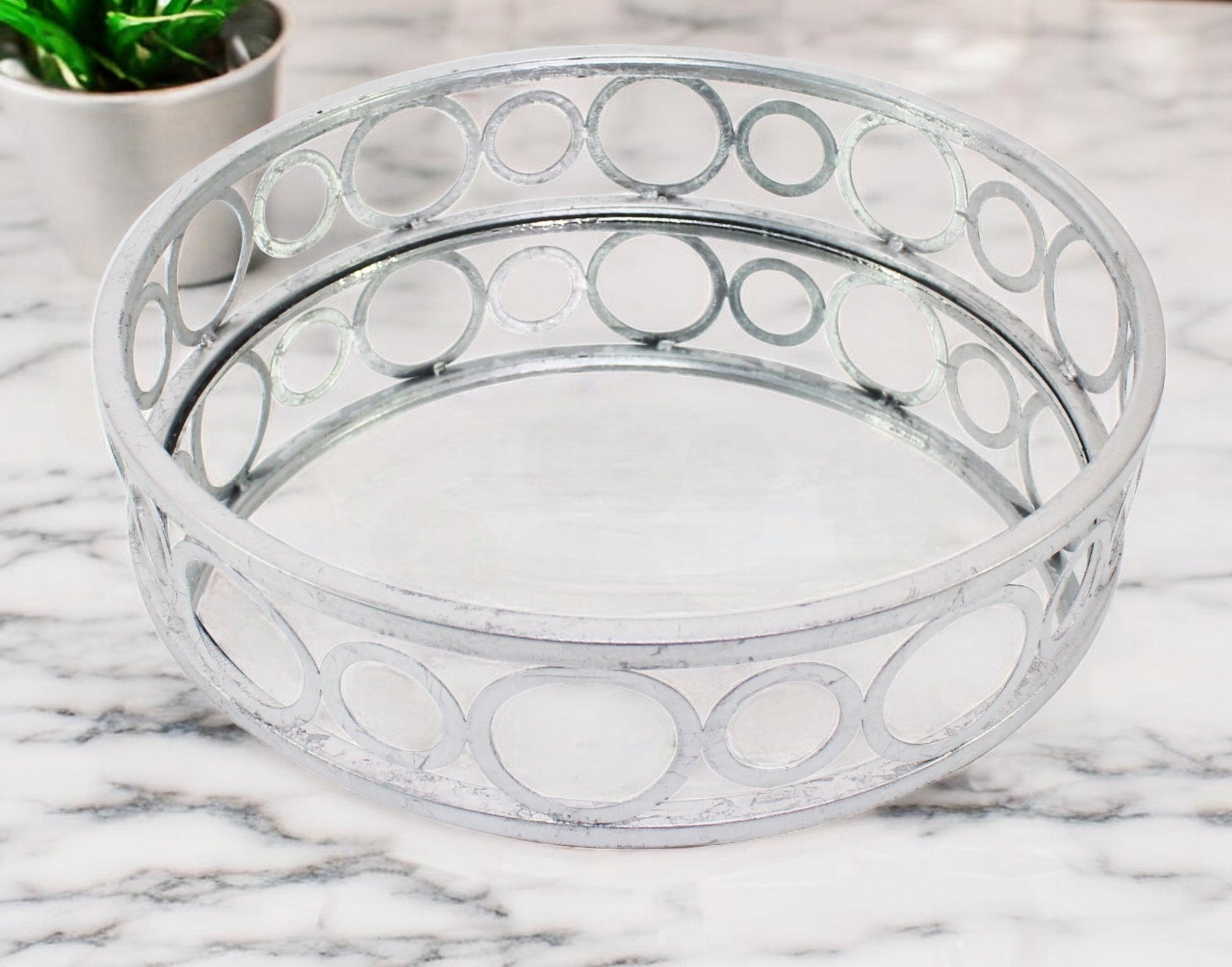 14" Silver Round Metal Geometric Vanity Tray-1