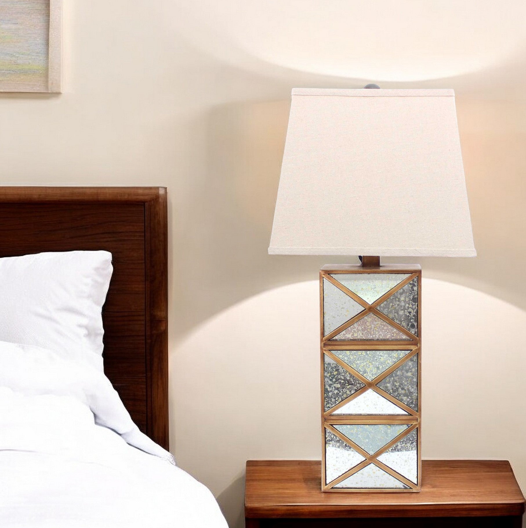 28" Distressed Gold And Silver Metal Bedside Lamp With Beige Shade-Table Lamps-DECOROLALA