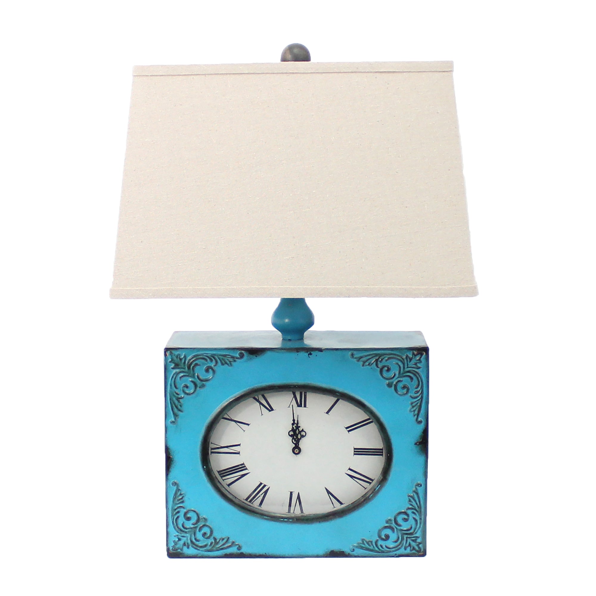 22" Distressed Blue Metal Bedside Lamp With Beige Shade-Table Lamps-DECOROLALA