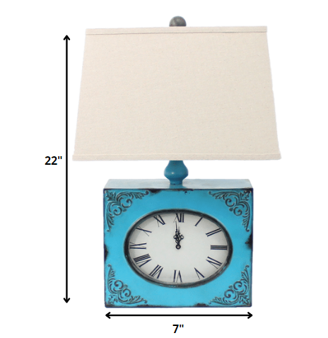 22" Distressed Blue Metal Bedside Lamp With Beige Shade-Table Lamps-DECOROLALA
