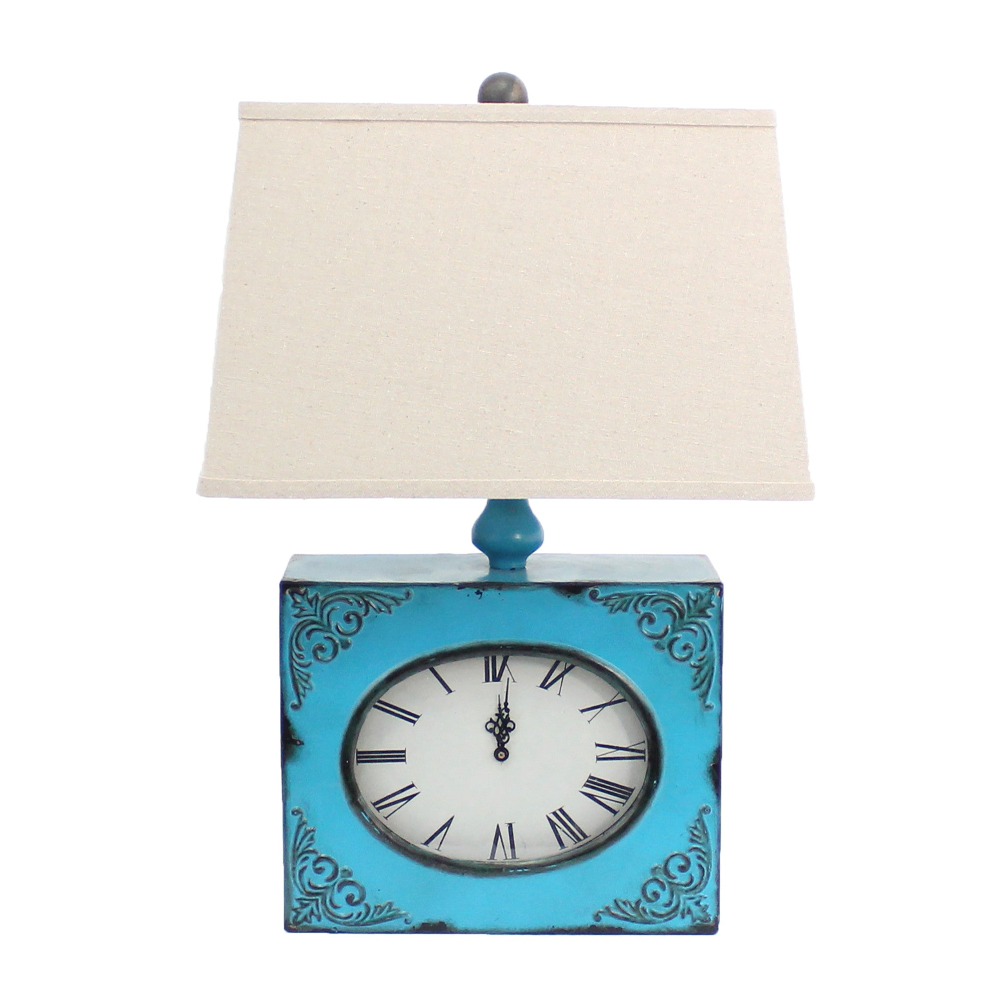 22" Distressed Blue Metal Bedside Lamp With Beige Shade-Table Lamps-DECOROLALA