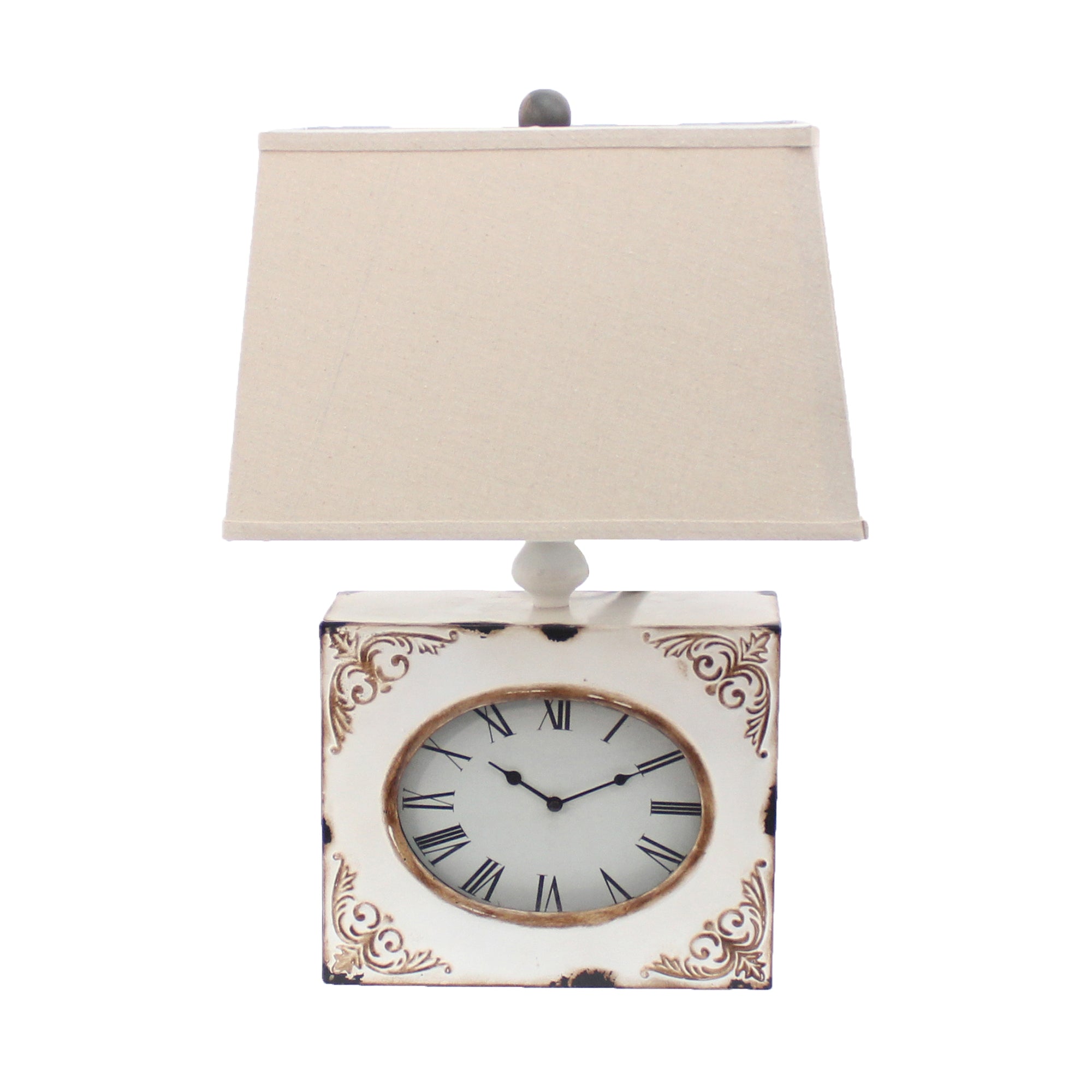 22" Distressed White Metal Bedside Lamp With Beige Shade-Table Lamps-DECOROLALA